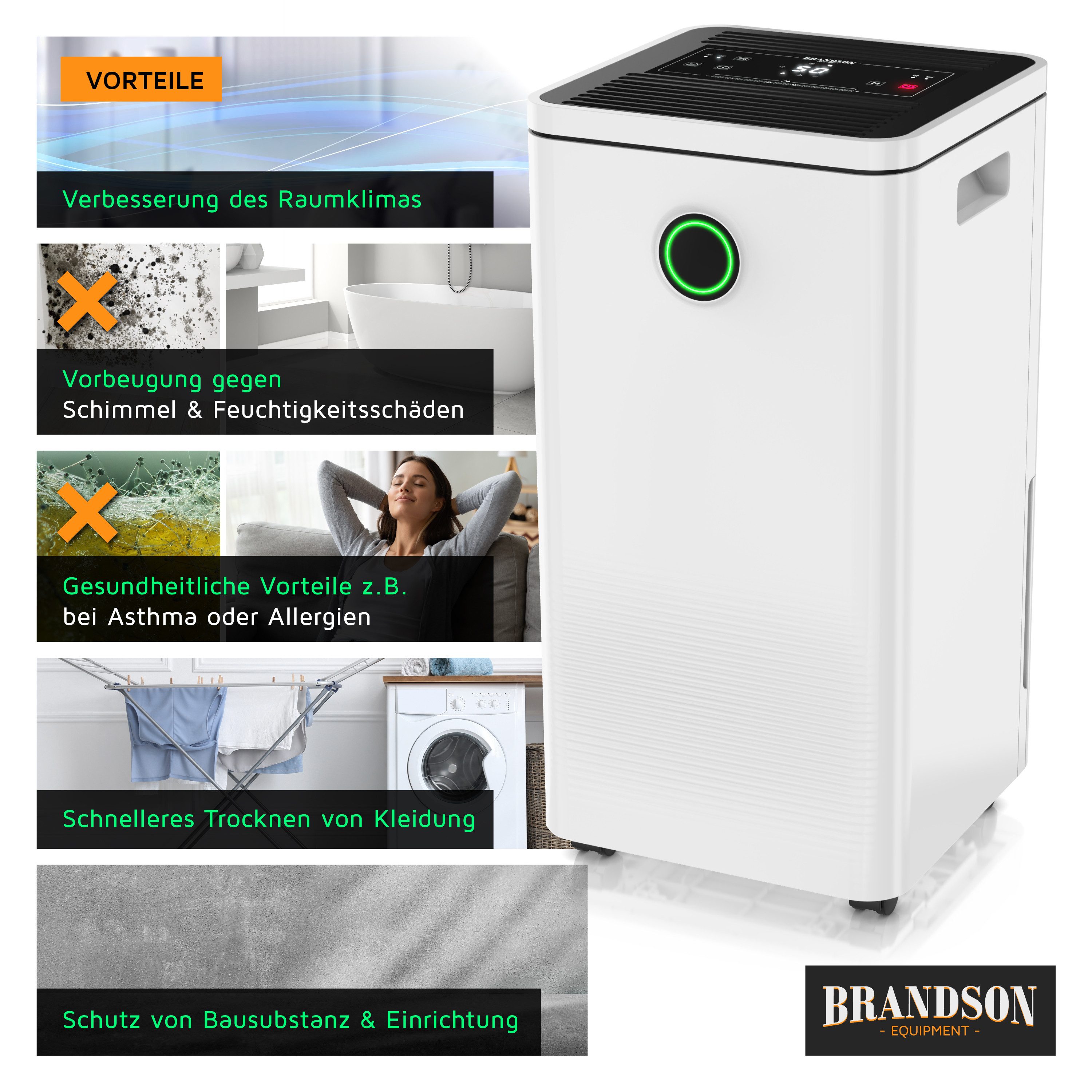 Brandson Luftentfeuchter mit Kompressor, 10L pro 24h, Dehumidifier Raumentfeuchter elektrisch, für 40 m³ Räume, Entfeuchtung 10 l/Tag, Tank 2,5 l, Timer, Defrosting, Sleep Modus/sehr leise für Schlafzimmer Bad Keller