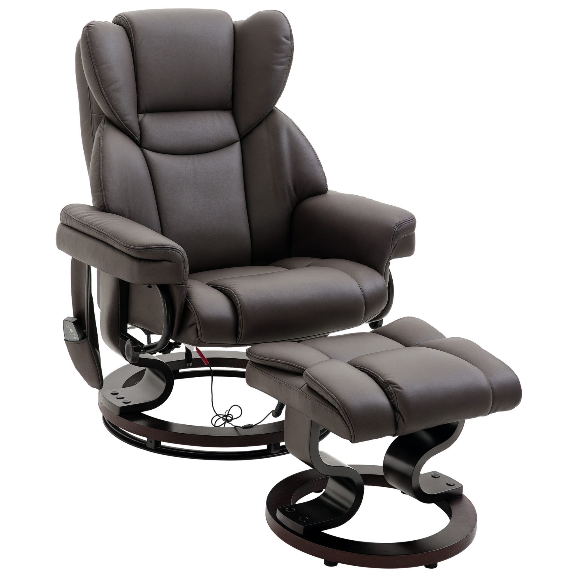 BAYMATE Massagesessel Relaxsessel mit Hocker, 360°drehbarer Fernsehsessel mit Massage (Liegefunktion, Massagesessel mit Seitentasche, Liegesessel, Kunstleder für Wohnzimmer Braun)