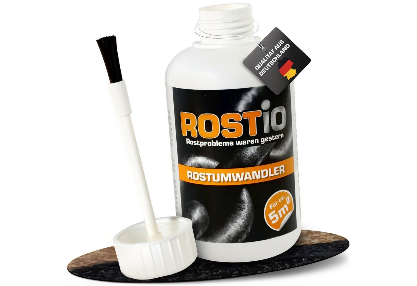 Rostio Rostschutzgrundierung Rostio Rostumwandler & Grundierung, Rostkonverter mit Pinsel 250 ml, {Rostumwandler & Grundierung in einem. Kein abwaschen erforderlich.}