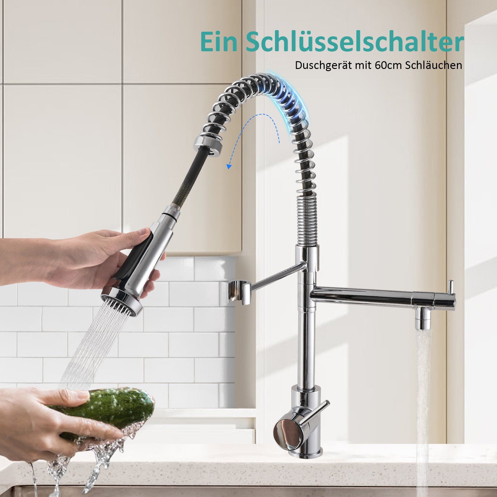 Wasserhahn Küchenarmatur 360° Strahlarten Spültischarmatur Wasserhahn mit 2 Küchen Drehbar mit Brause EMKE Spiralfeder