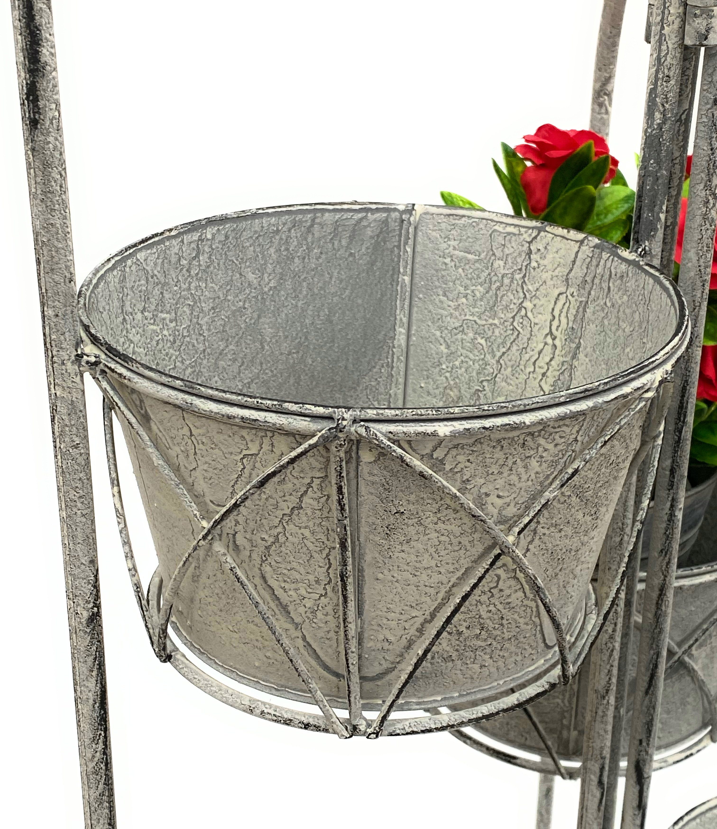 DanDiBo Pflanzentreppe Blumentreppe Innen Metall Weiß Grau 100 cm Blumenständer mit 4 Töpfe, 96128 Blumenständer Blumensäule Pflanzenständer Balkon Vintage