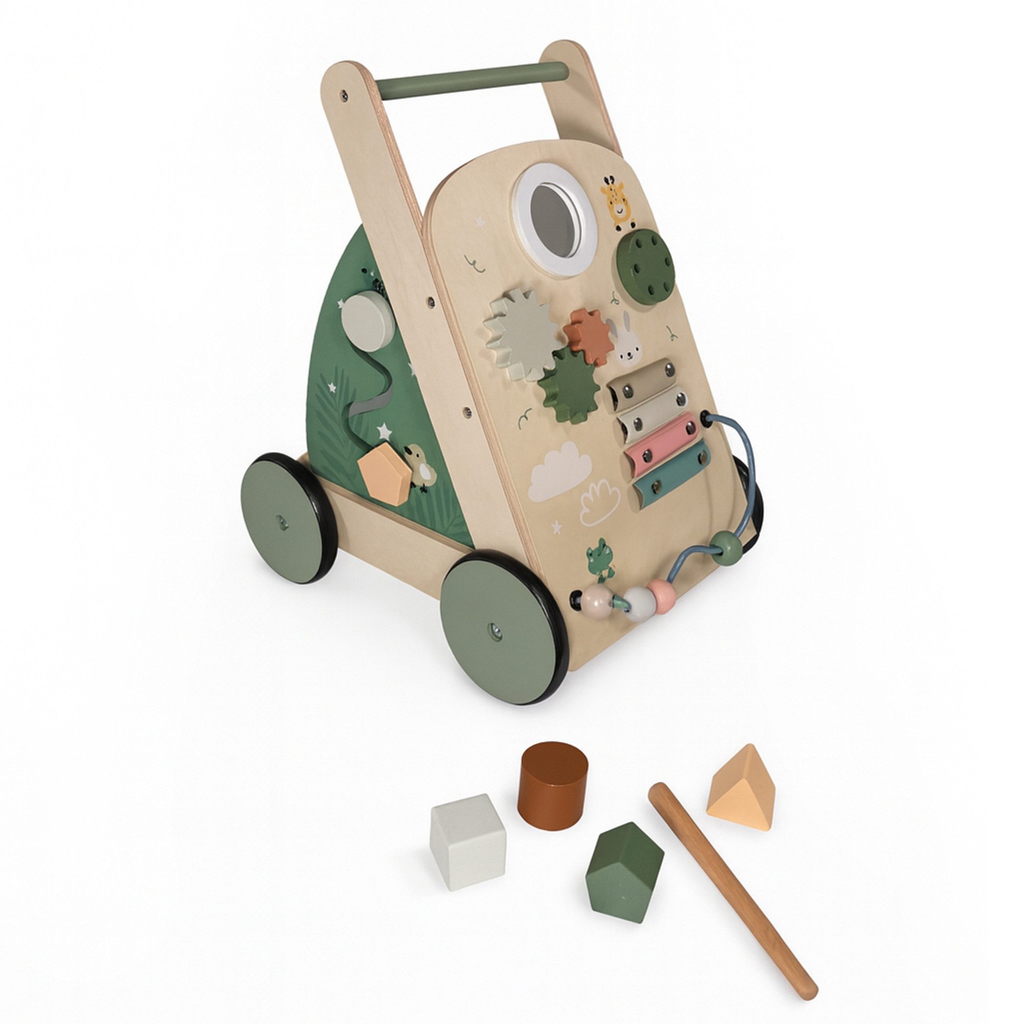 Lemodo Babywalker Lauflernwagen aus Holz mit Activity-Board, leise Räder, ab 1 Jahr, aus Holz mit 7 Spielmöglichkeiten