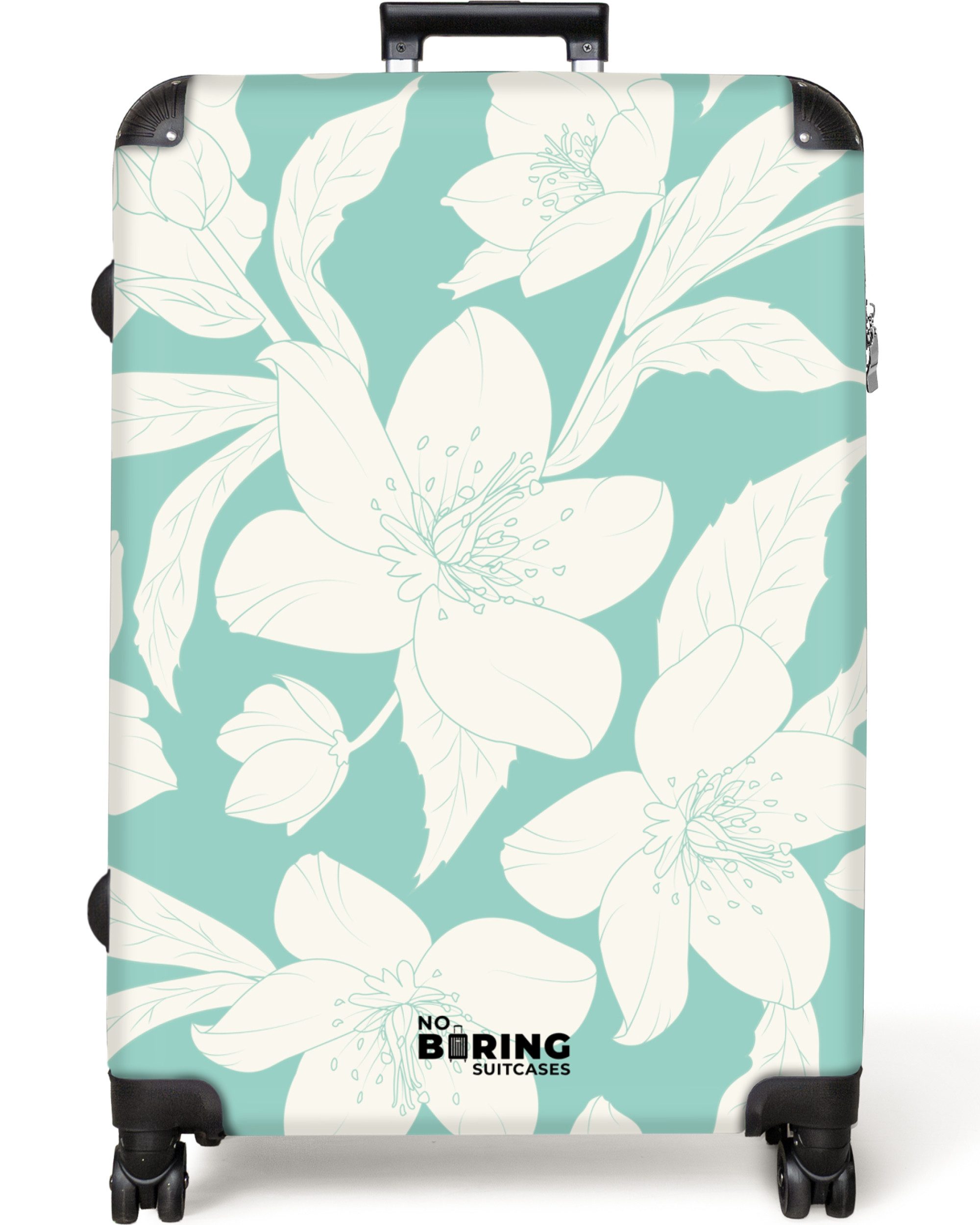 NoBoringSuitcases.com© Hartschalen-Trolley Türkis mit weißen Blumen günstig online kaufen