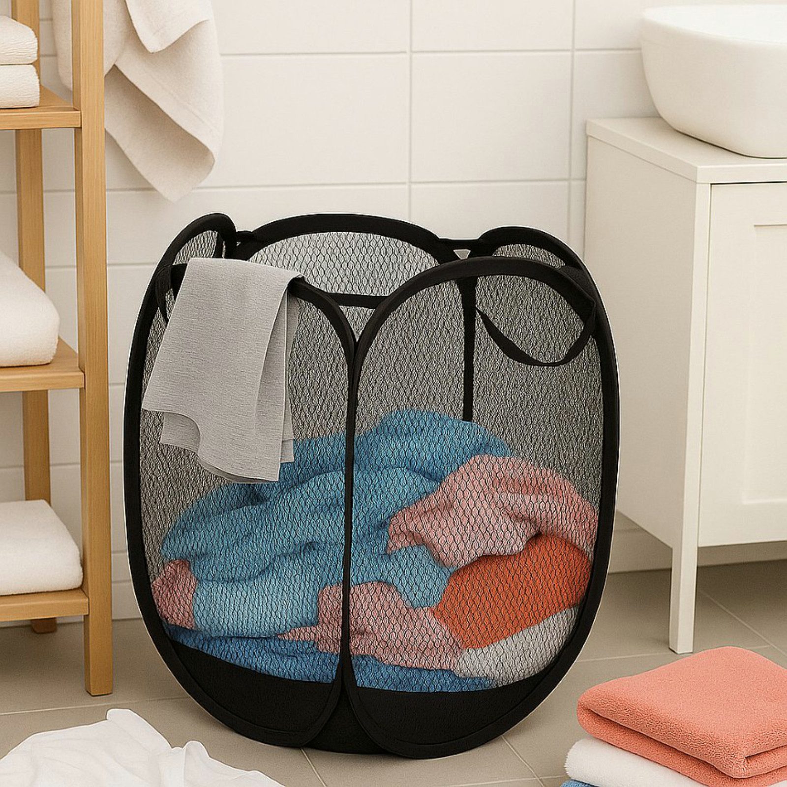 Koopman Wäschenetz Wäschebehälter Wäschesammler Waschbehälter Mesh-Netz,(Stück, 1-St., Packung), Schwarz, 58x36x36cm, Pop-Up, Nylon, Tragegriff