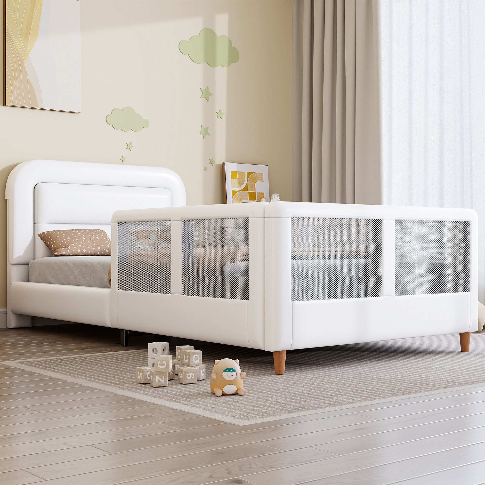 Flieks Kinderbett, Polsterbett Einzelbett 90x200cm mit Netzgewebe-Sicherheitsgeländer