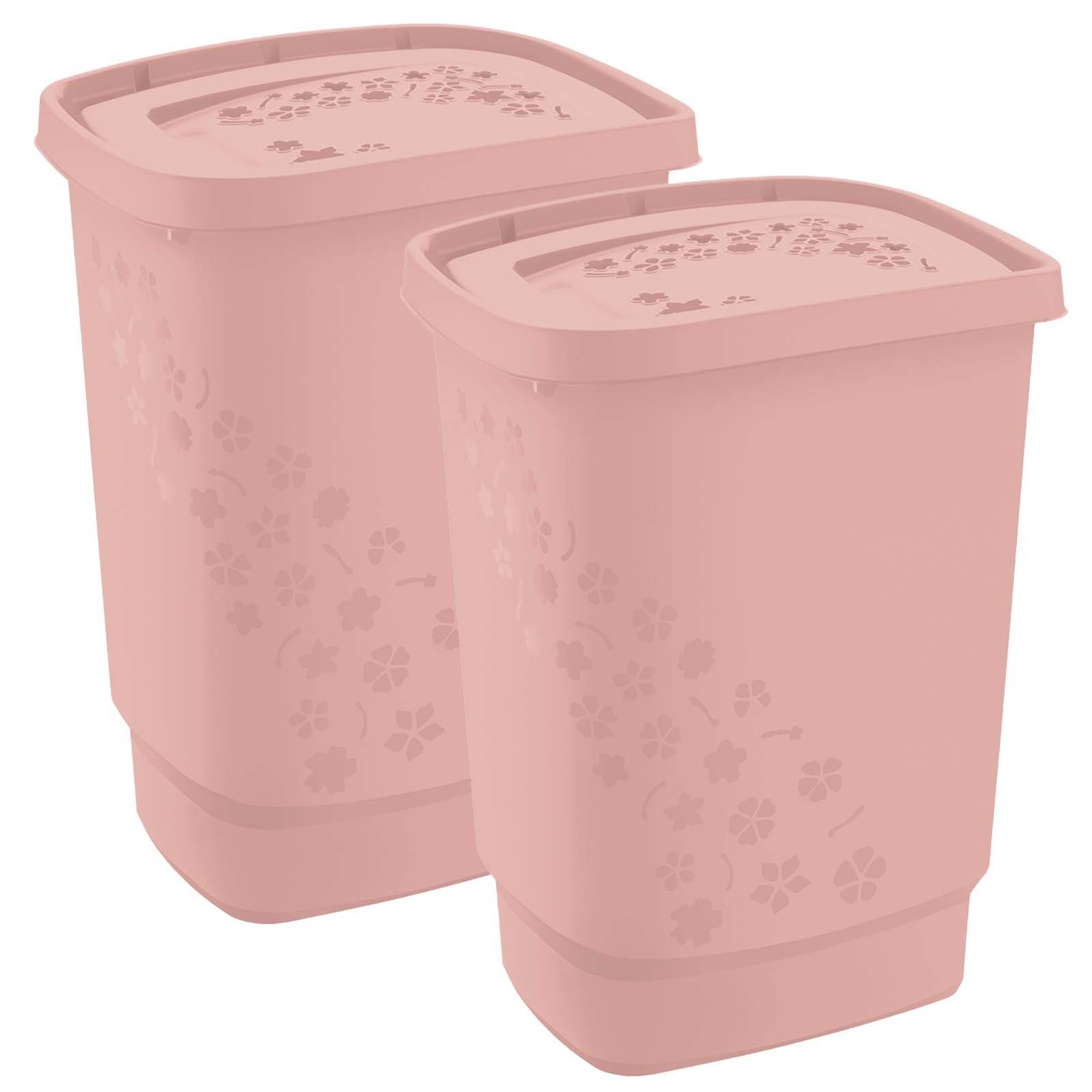ROTHO Wäschekorb ged. Flowers pink BPA-frei mit Linnea Deckel, 2er-Set 55l (PP) Wäschesammler Kunststoff (2er-Set)