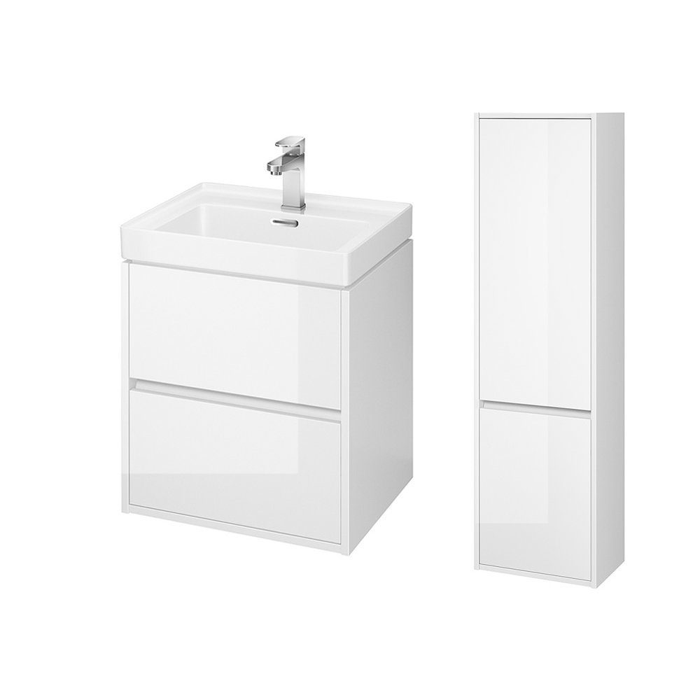 KOLMAN 50 Badmöbel-Set mit (Weiß), mit Waschbecken-Unterschrank Keramikwaschbecken 140x40x25, CREA Schubladen & Hochschrank