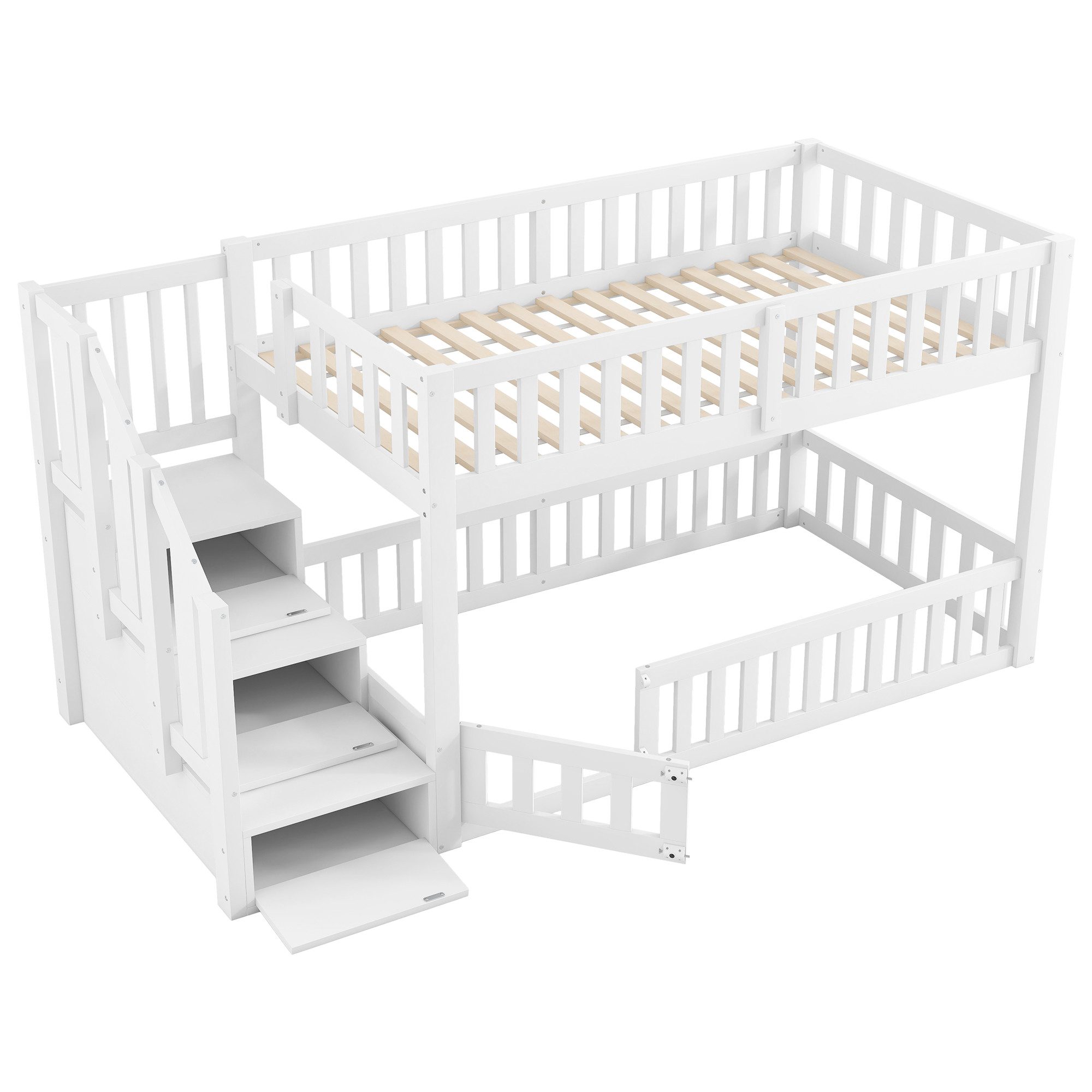HAUSS SPOLE Bunk Bed 90x200 with Safety Rail, Wooden Bed Youth Bed with Storage Stairs (Children's and Youth Bed Made of Solid Wood, with Railing & Door, for Children's Rooms, Guest Rooms & Small Rooms, White, 1-pc., 90x200cm), with Storage Space