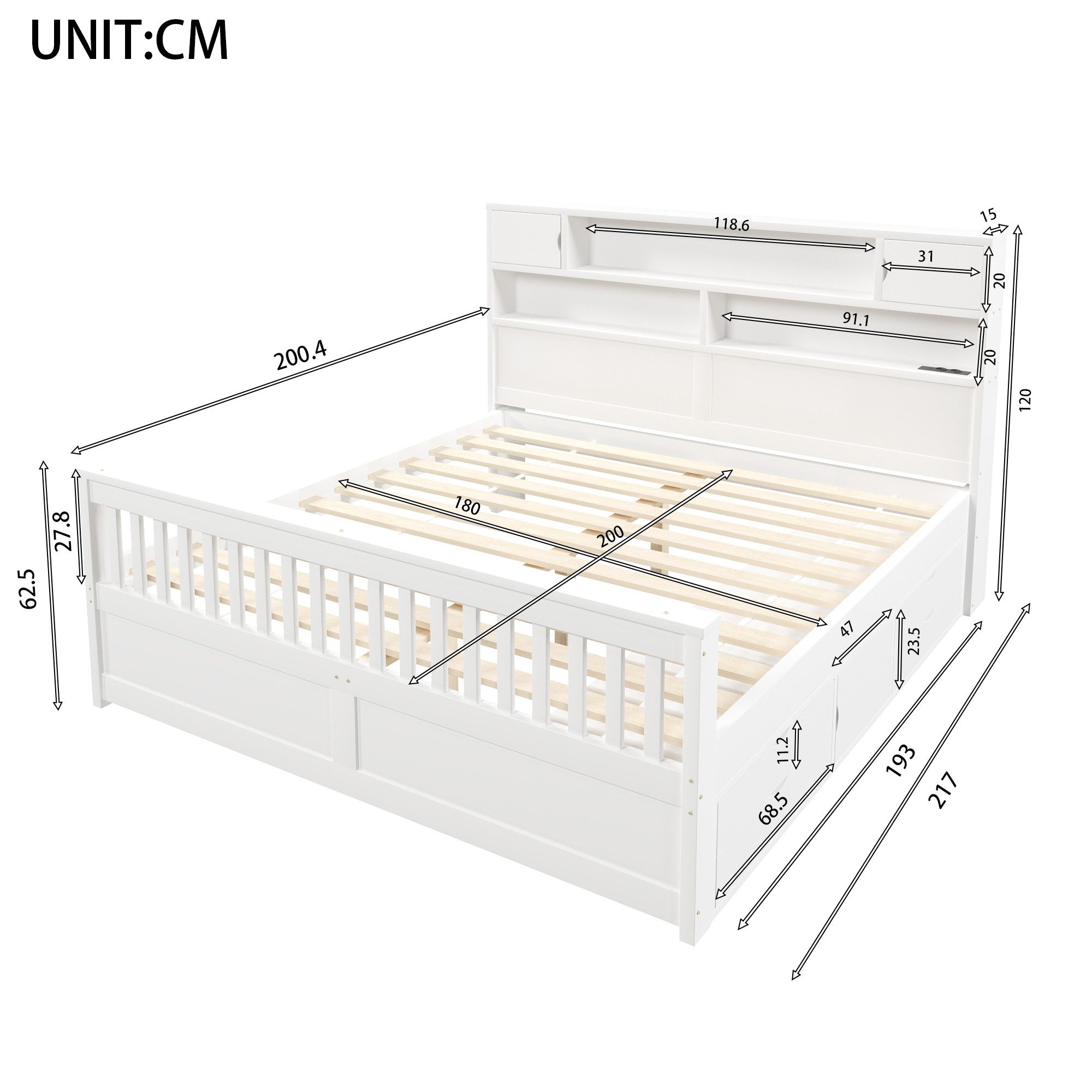Merax Massivholzbett mit LED-Kopfteil & USB-Anschluss (Plattformbett Bettgestell Doppelbett aus Holz, 1-tlg), 180x200cm mit 4 Schubladen, Stauraumregalen, Büche – Bild 5 von 5