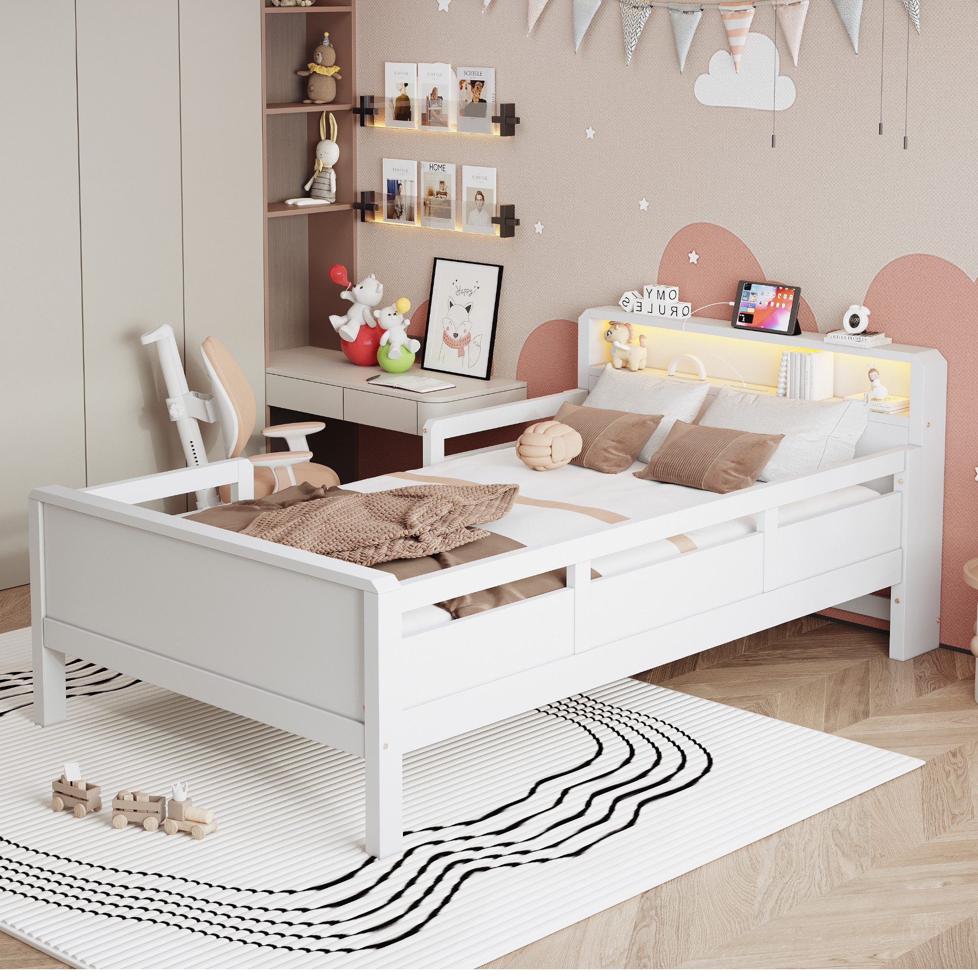 STILVORA Kinderbett 90×200 mit Stauraum Funktionsbett Holzbett, ohne Matratze (Einzelbett mit Schutzgitter, Ladefunktion und praktischem Kopfteil), für Kinderzimmer, Jugendzimmer, Gästezimmer und kleine Räume