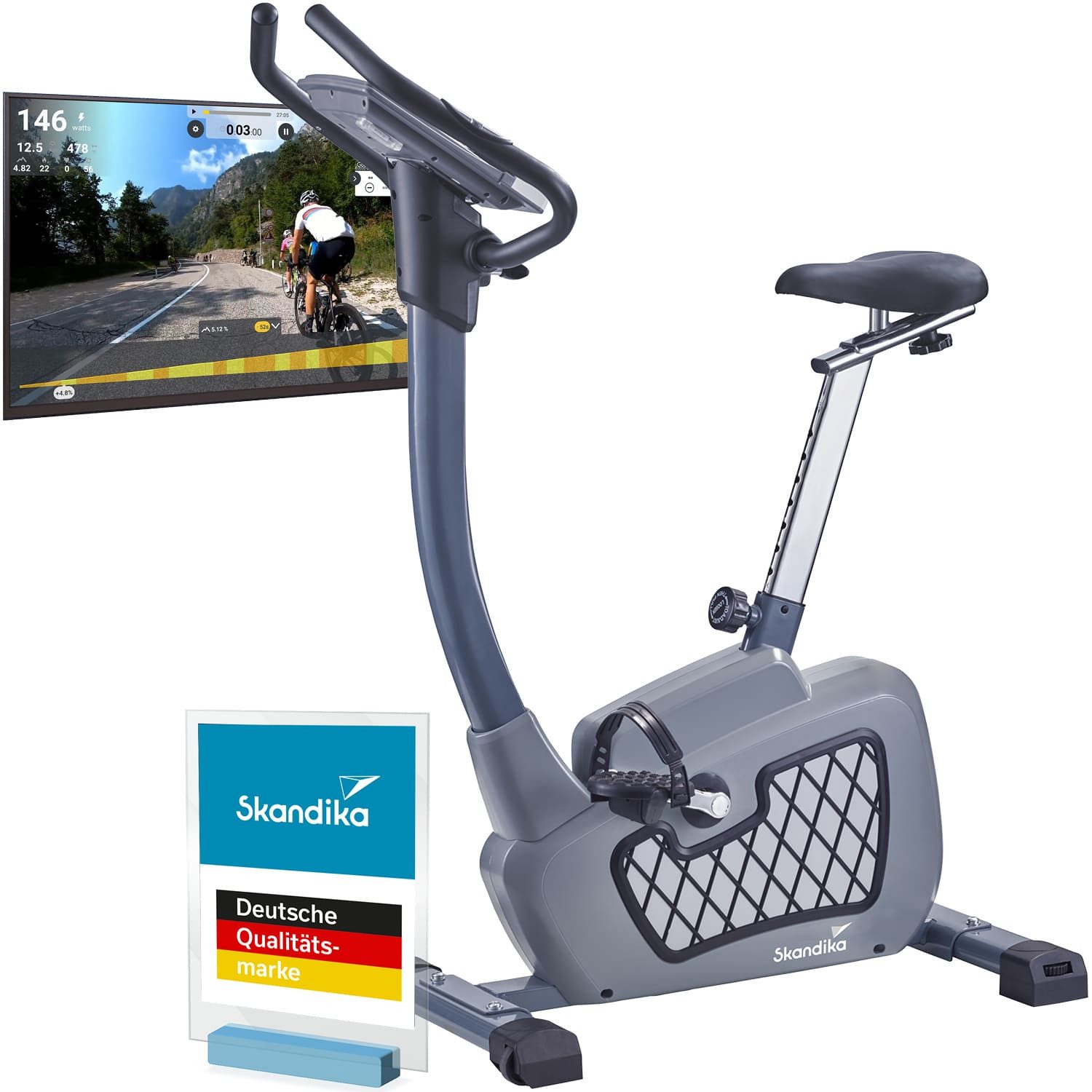 Skandika Ergometer Wiry Fahrrad für Zuhause, 11kg Schwungmasse, Transportrollen (Max. Benutzergewicht 130 kg, Max. Benutzergröße 180 cm), Magnetisches Bremssystem, 24 Trainingsprogramme, Bluetooth, Kinomap