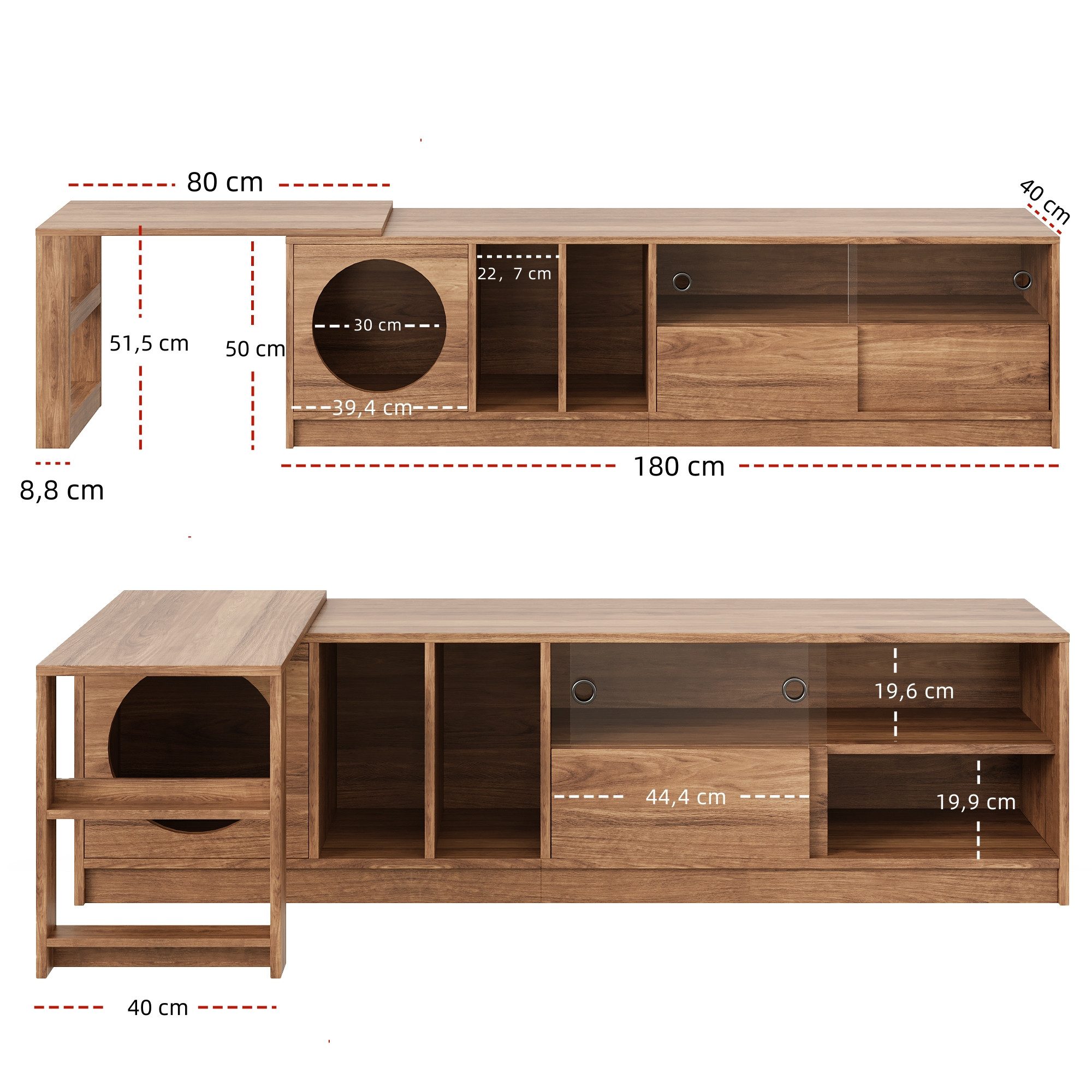 Flieks Lowboard mit drehbarer Tisch und Glas-Schiebetüren (180(80)×40×50 cm, 2 St), Fernsehschrank TV-Schrank mit Katzenruheraum Holzoptik Nussbaumfarbe