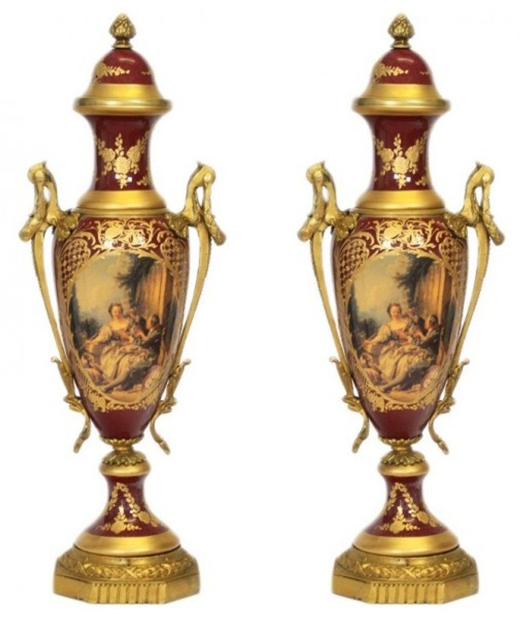 Casa Padrino Dekoobjekt Barock Porzellan Pokal Set Bordeaux Rot / Gold B20 H58 cm (2 Stück) - Grand Decor - Hotel Dekoration