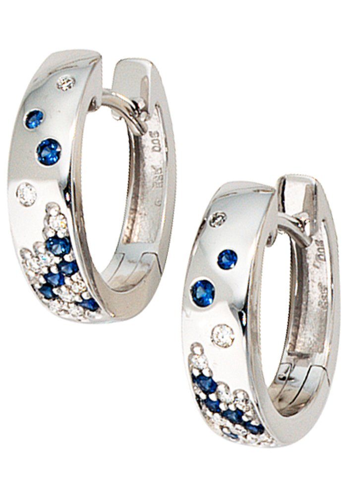 JOBO Paar Creolen, 585 Weißgold mit 18 Diamanten und Safir günstig online kaufen