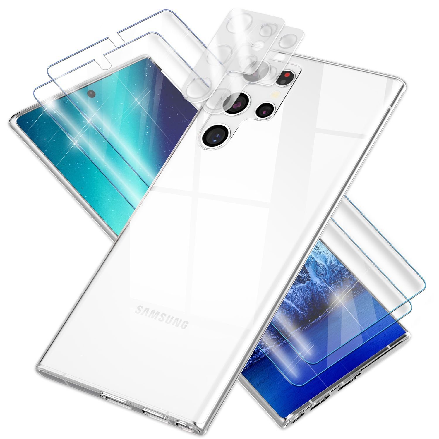 Nalia Smartphone-Hülle Samsung Galaxy S23 Ultra, Klare Silikon Hülle / 2x  Display- & Kameraschutz / Transparentes Cover