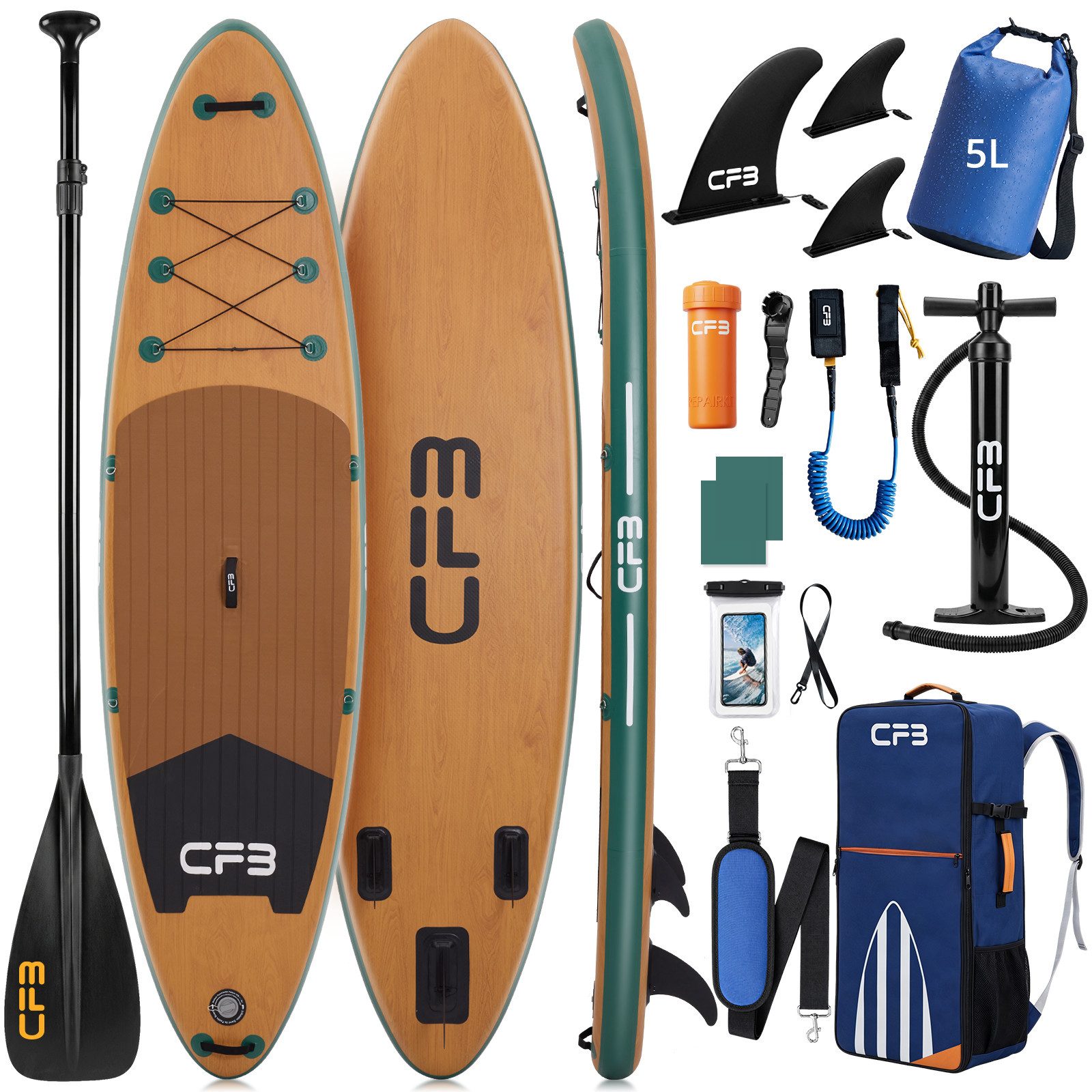 CFB SUP-Board Set 320x84x15 cm extra breit, Bis zu 160 kg, aufblasbar Stand Up Paddle Board, (iSUP Komplett-Set, 12 tlg., mit Alu Paddel, Pumpe, Rucksack, Leash, 5L Dry Bag und Schultergurt), Paddleboard aufblasbar für Anfänger & Erwachsene