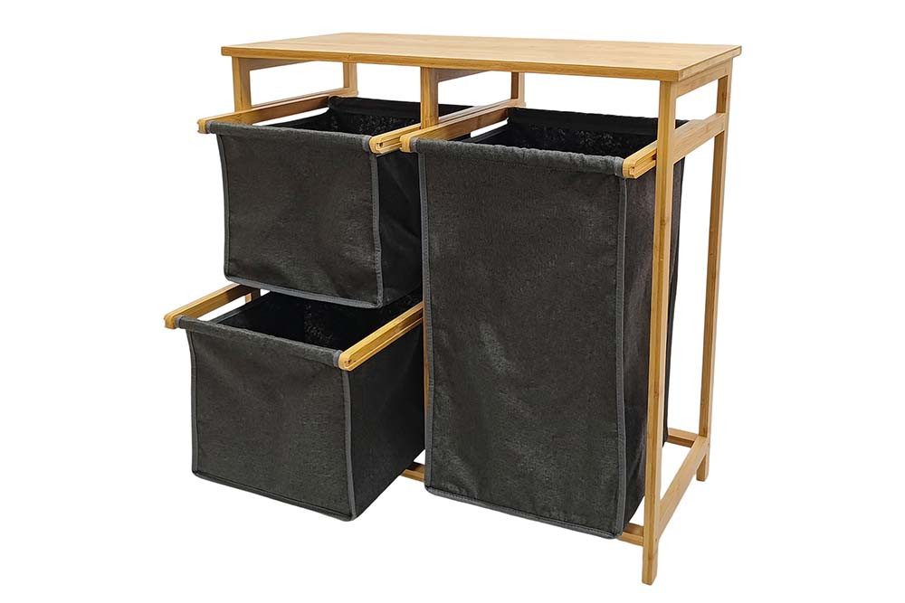 riess-ambiente Wäschekorb LAGOON SPA 70cm natur/grau – Bambus-Massivholz, 3 Wäschebeutel, FSC (Einzelartikel, 1 St), Wäschesammler mit ausziehbaren Säcken – ideal für vorsortierte Wäsche