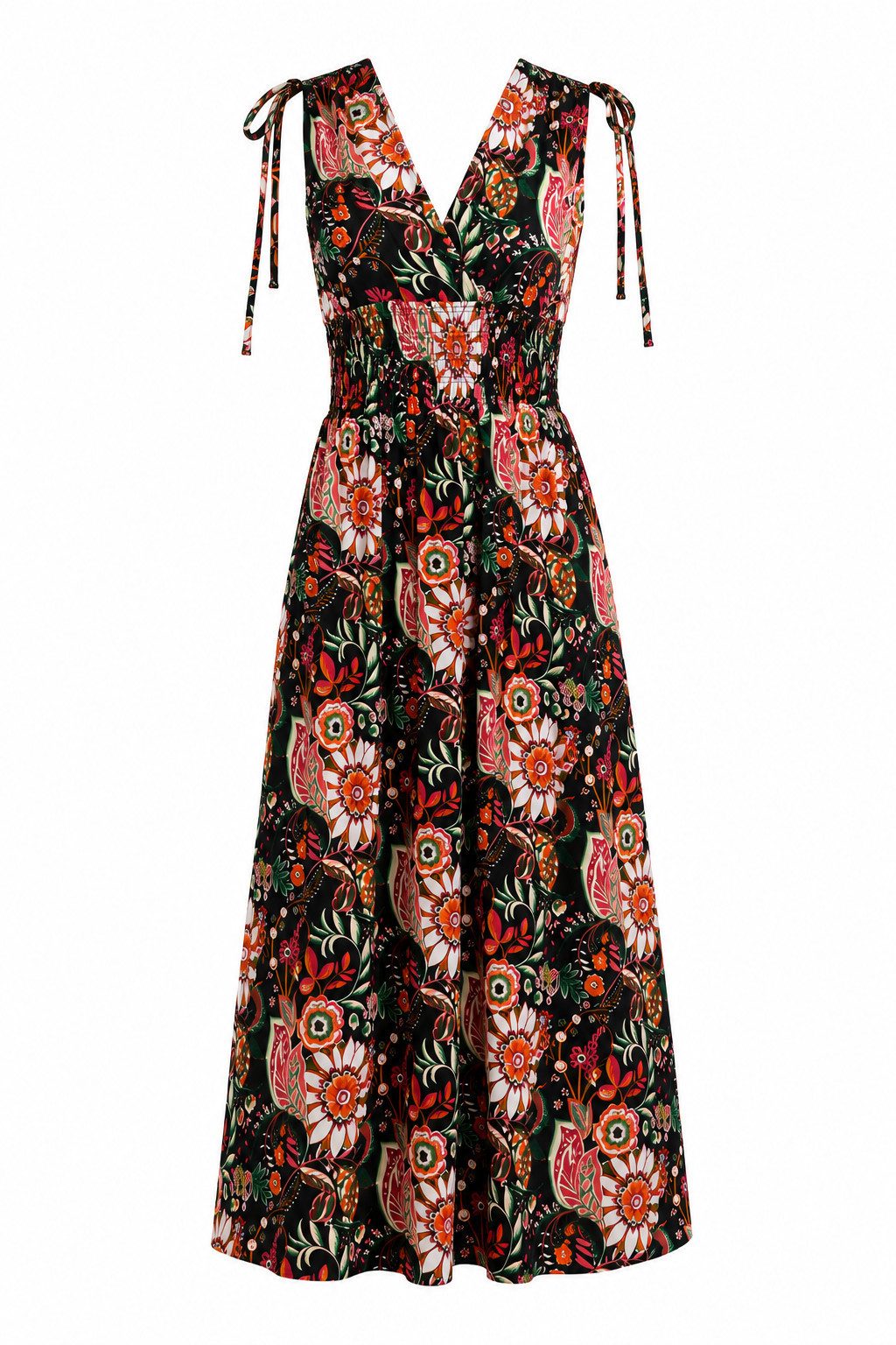 ITALY VIBES Sommerkleid - florales Viskosekleid mit Smokbund und V-Ausschnitt für Damen