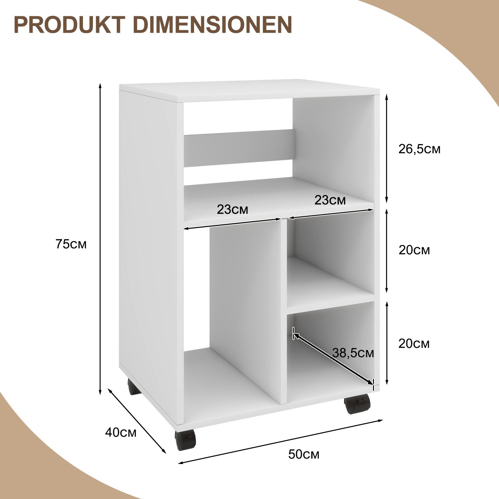 PUNCIA Aktenschrank Rollcontainer Druckerständer mit 4 verstellbaren Ablagen & Bremsrädern (1-St)