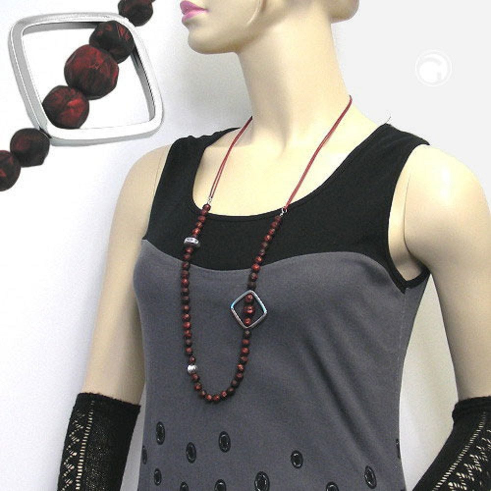 unbespielt Collier Modeschmuck Kette Kunststoff-Perlen Barock-Rot Viereck chrom 90 cm, Modeschmuck für Damen