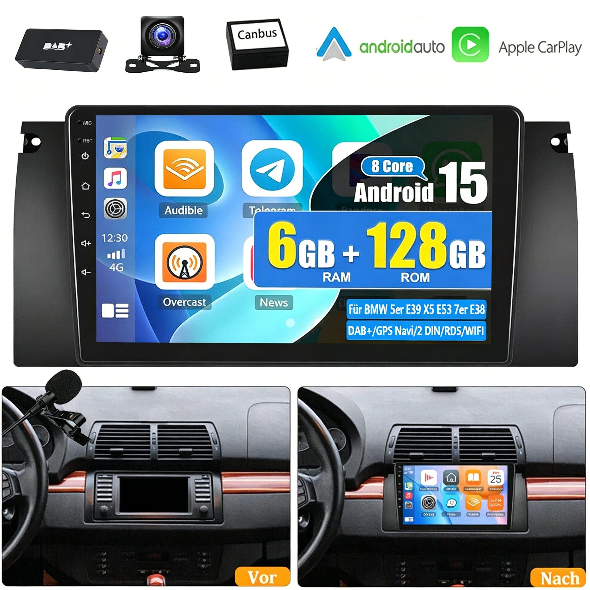 ESSGOO 6+128G DAB+ autoradio 2 DIN Android 15 Für BMW 5er E39 X5 E53 7er E38 Autoradio (RDS, 6GB+128GB, 4G LTE, Digitalradio (DAB), FM, AM, SWC, Carplay Android Auto Bluetooth EQ USB GPS Navi WIFI Touchscreen)