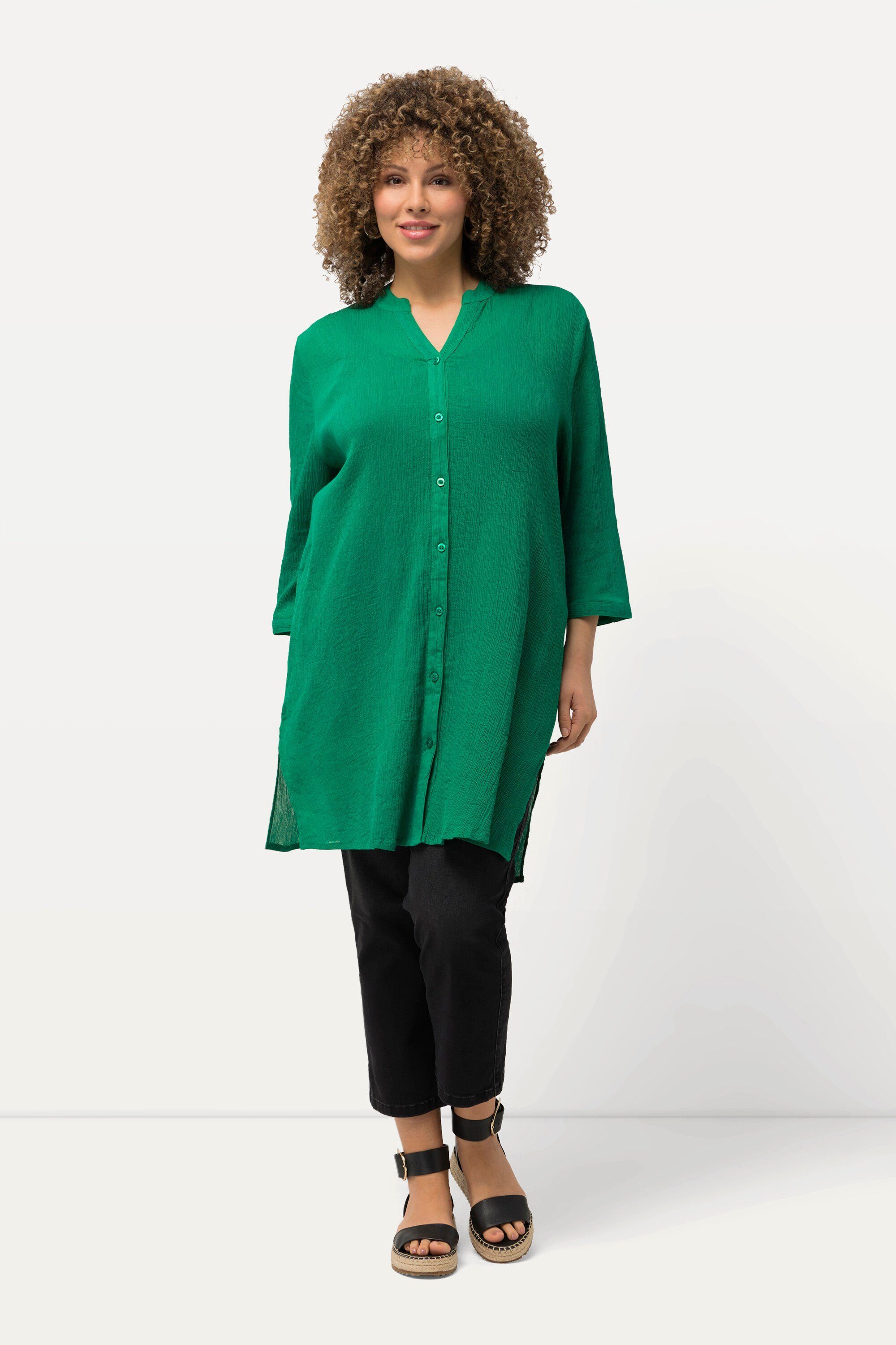 Hemdbluse Longbluse Krepp Stehkragen V-Ausschnitt 3/4-Arm
