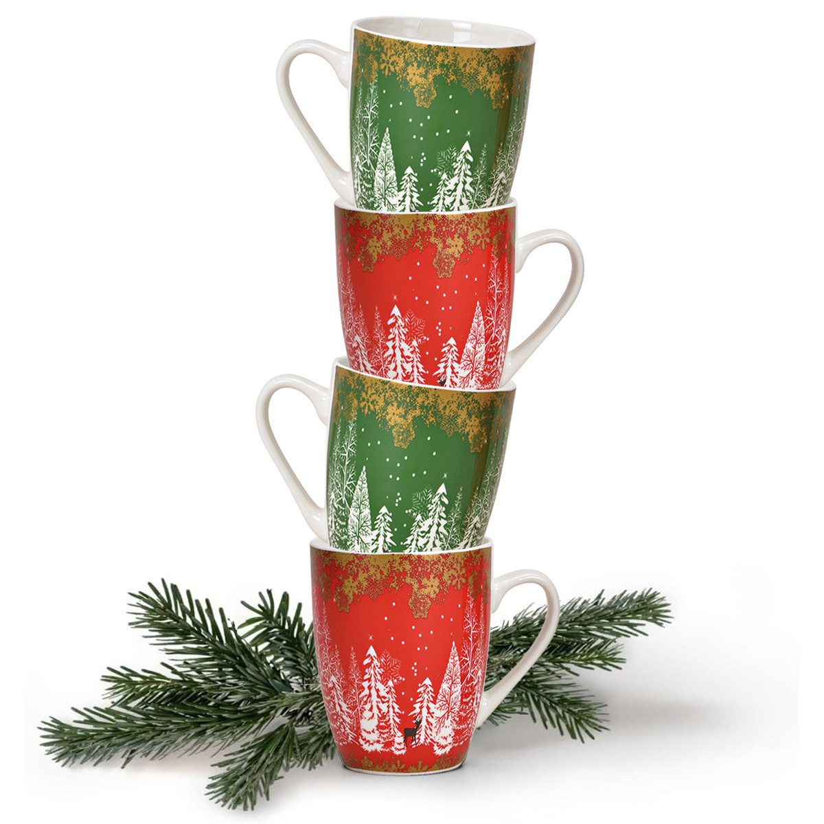 matches21 HOME & HOBBY Tasse Weihnachtstassen 4er Set Skandi Design Wald Hirsche, Porzellan, Tee Kaffee-Becher, Weihnachten, modern Vintage, rot grün, 340 ml