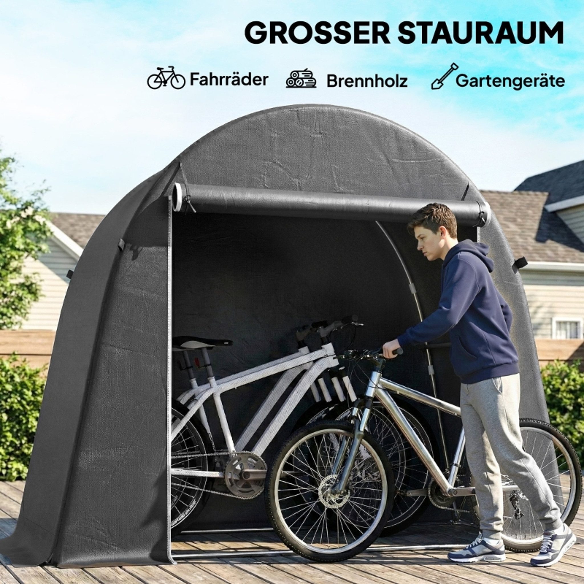 MC Star Gerätezelt Tragbarer Gartenschuppen, Fahrradzelt, Rolltür mit Reißverschluss, (Metallrahmen, vielseitige Aufbewahrung, Kunststoff-Abdeckung, Dunkelgrau)