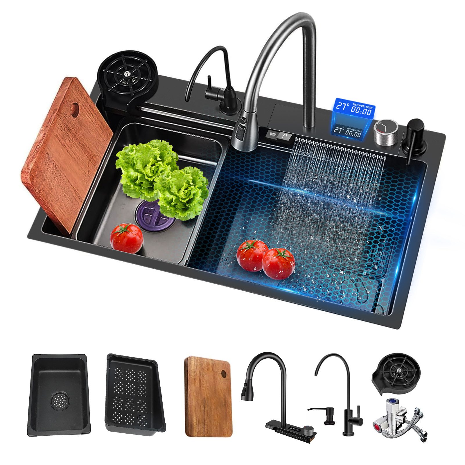 GARRYFIZH Edelstahlspüle Edelstahl Küchenspüle 80x45cm mit LED Anzeige & Zubehör, Edelstahl robust, Smart-Display, Großes Volumen, Vielseitig einsetzbar