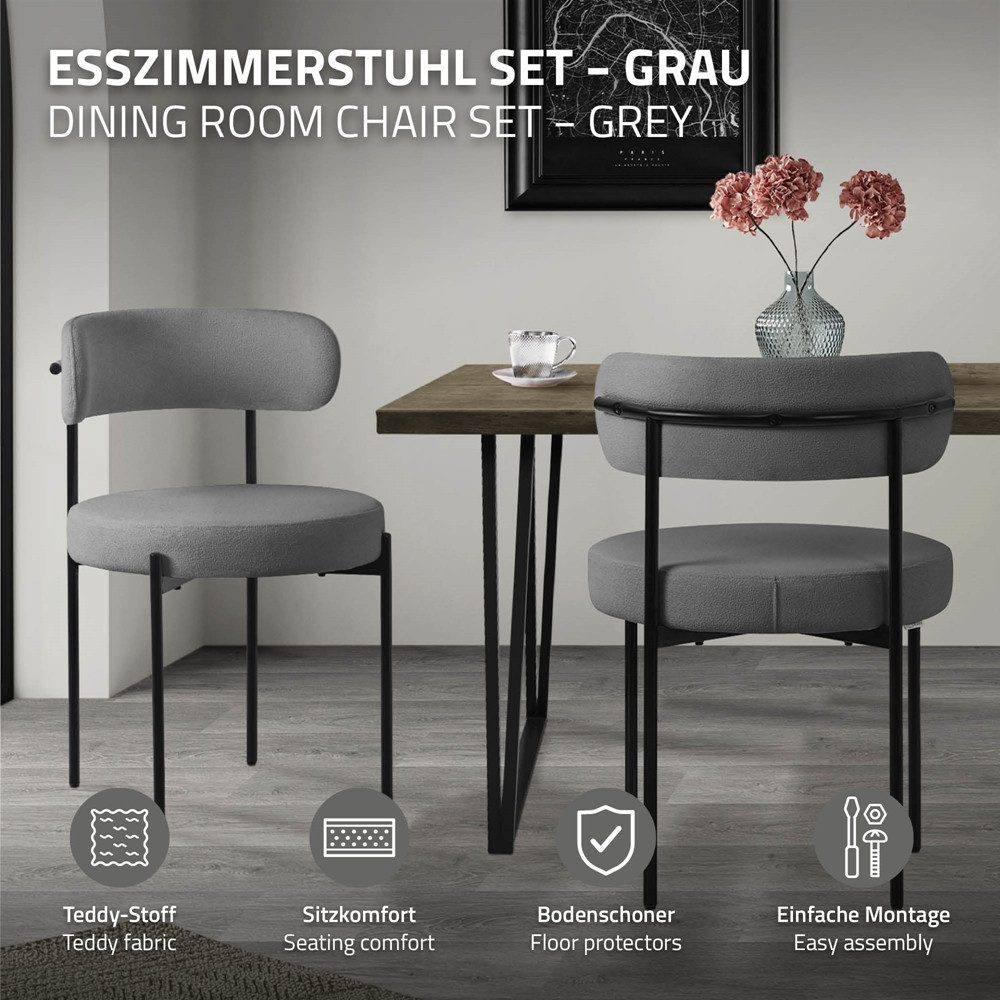 ML-DESIGN Polsterstuhl Esszimmerstühle Gruppe Küchenstuhl aus Teddystoff mit Metallbeinen (6 St), Clubstuhl 6er Set Wohnzimmerstuhl Grau moderne Design Lounge S – Bild 2 von 5