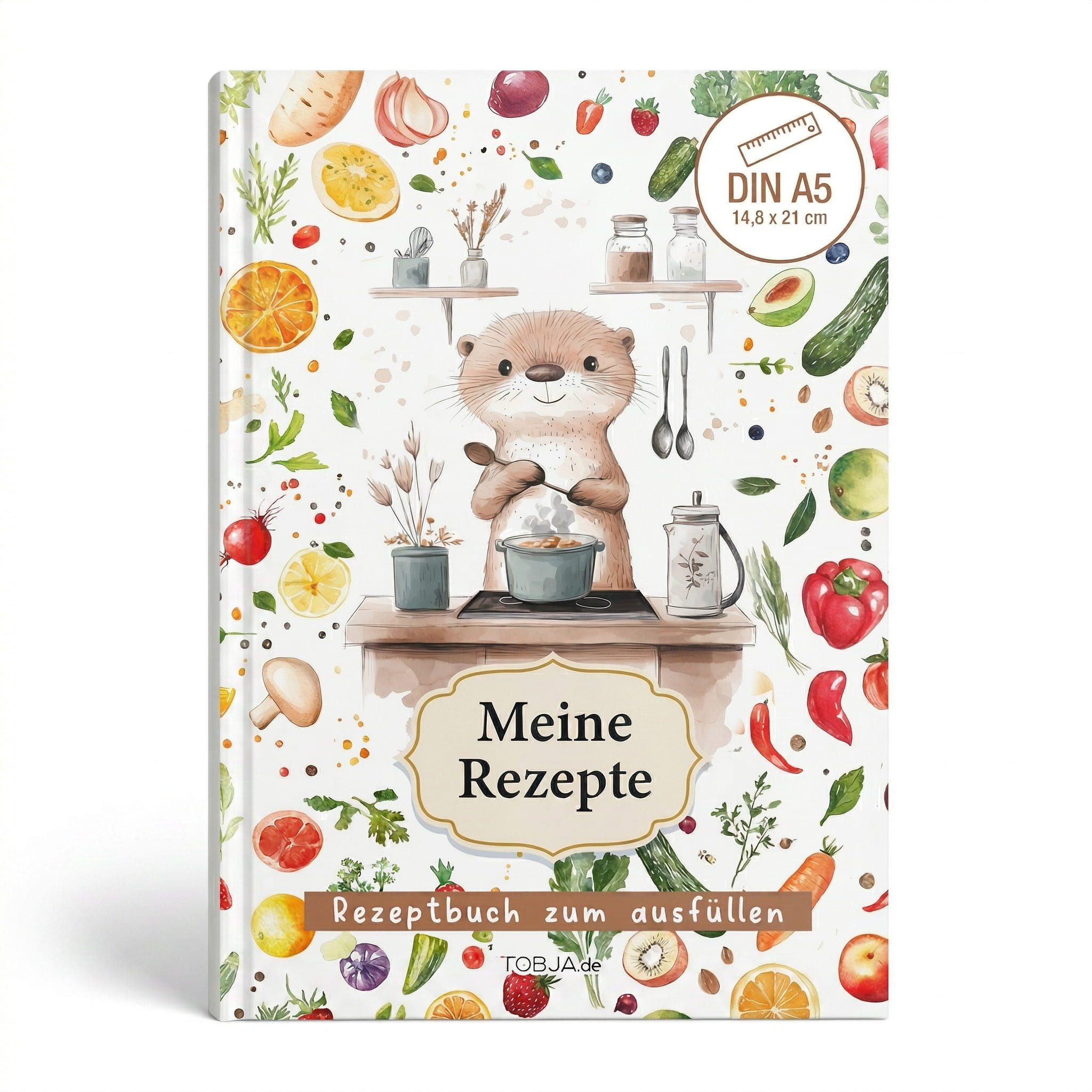 TOBJA Notizbuch Rezeptbuch zum selberschreiben DIN A5 Otterliebe, Saisonkalender, Register, Buchklappen, Leseband – Rezepte