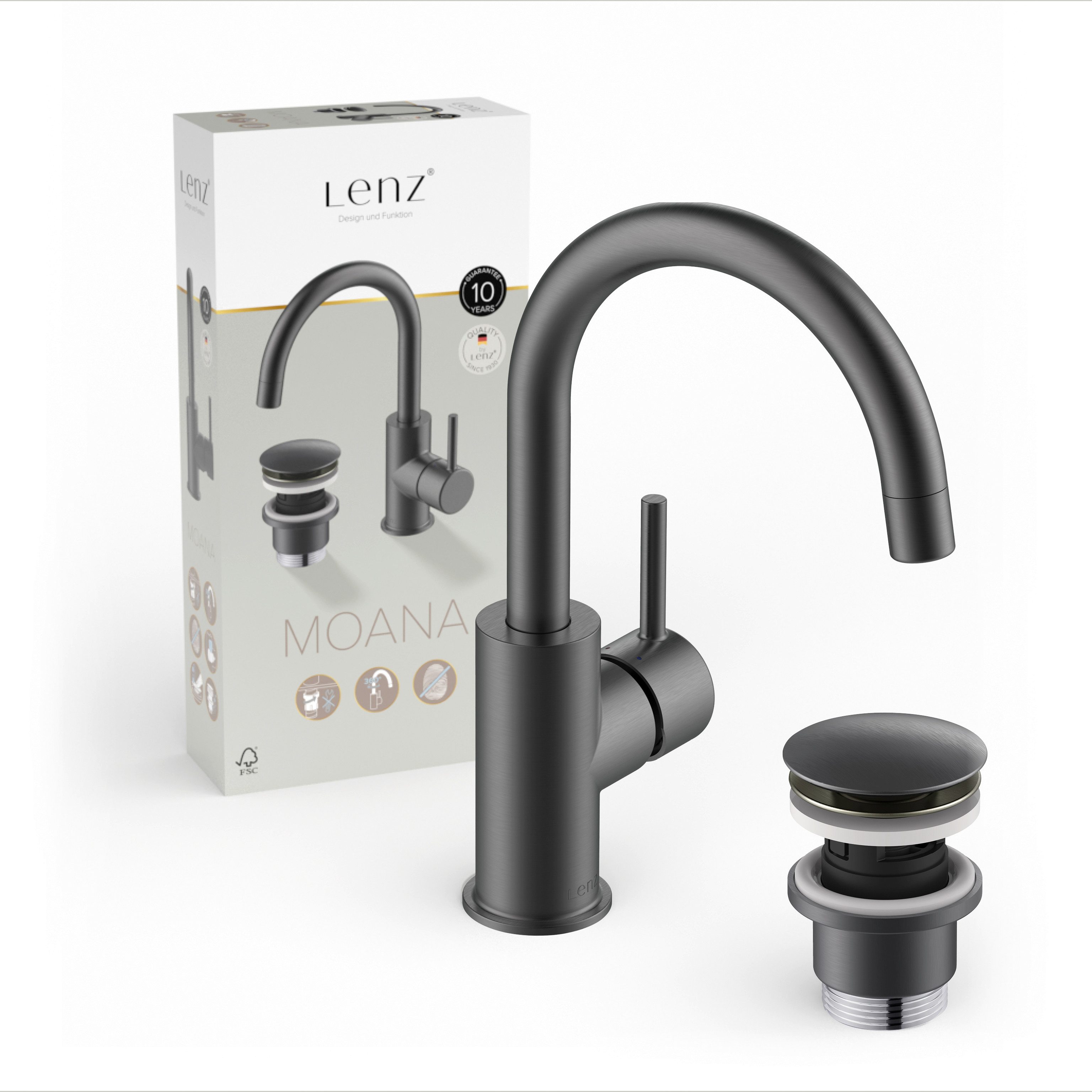 Lenz Waschtischarmatur MOANA (Armatur mit Pop-Up-Ventil) Anti-Fingerabdruck Oberfläche, Easy Clean Pop-Up Ventil, Graphit