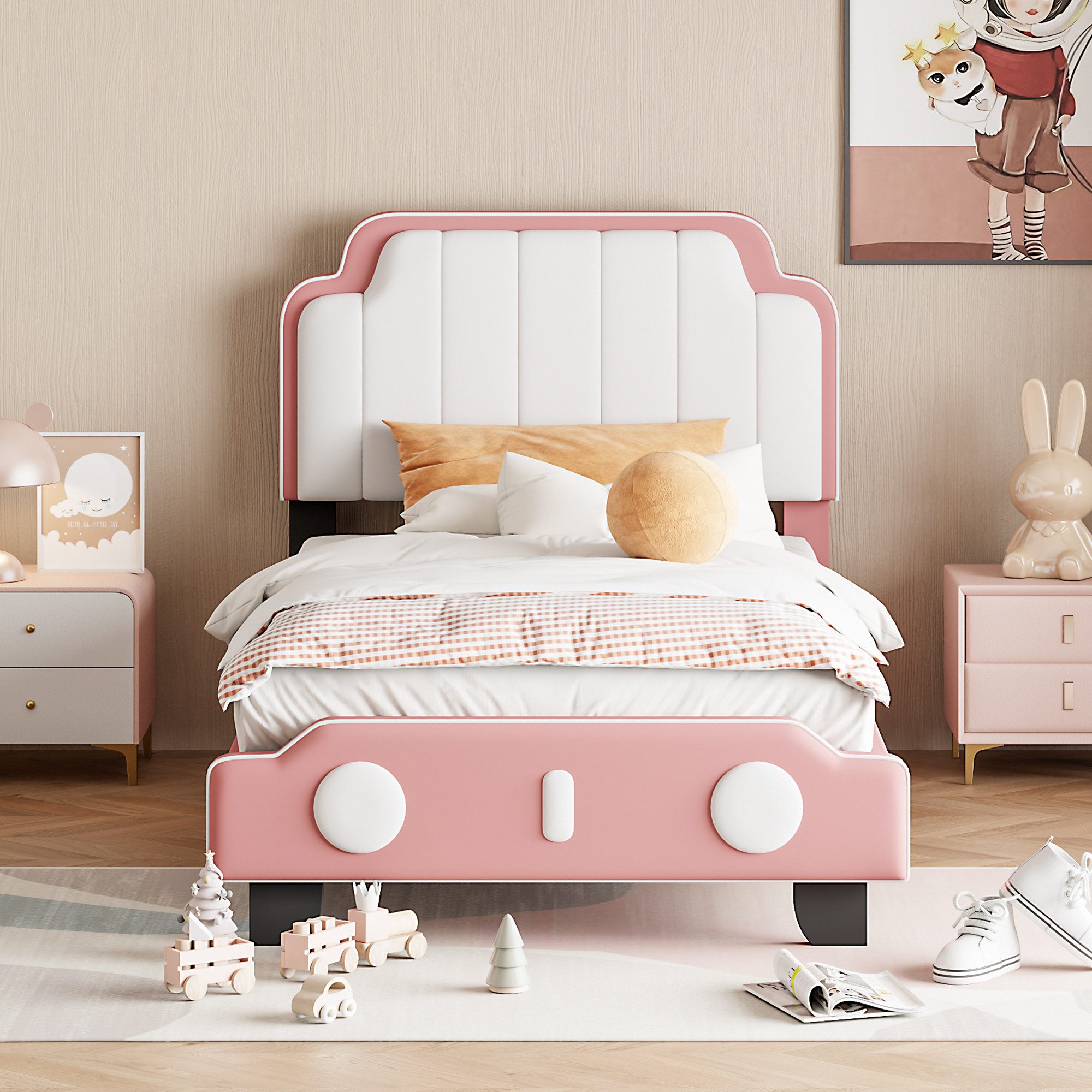 IDEASY Prinzessinbett, rosa/beige, MDF+Leder+Metall, gepolstertes Kopfteil