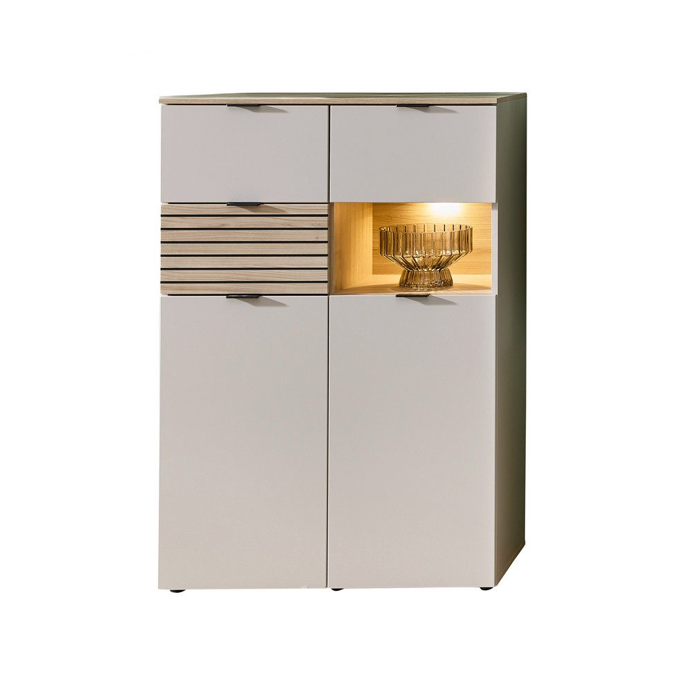 Lomadox Highboard ISCHIA-36, inkl. LED Beleuchtung, Beige mit Eiche, 84 cm breit, Softclose