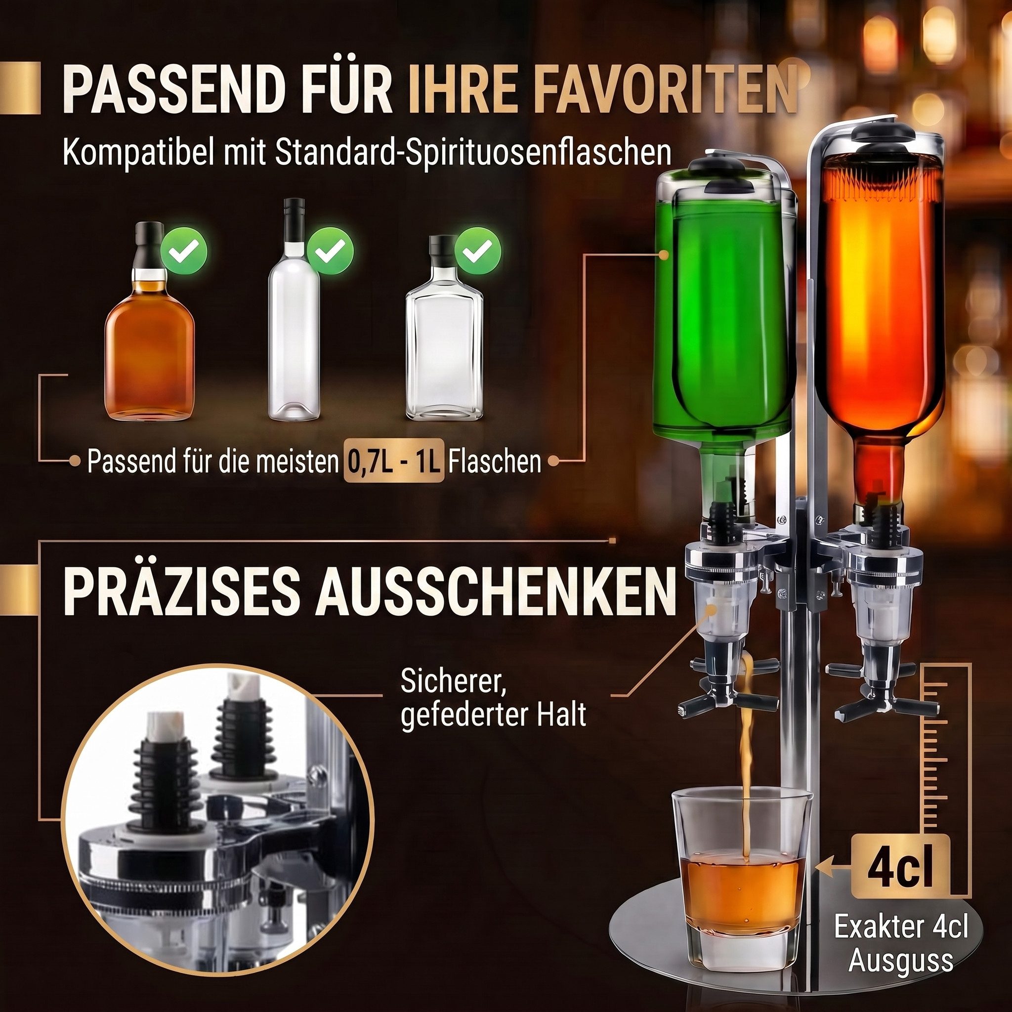 Goods+Gadgets Flaschenhalter Barbutler Flaschenhalter mit 2cl Dosierer–Edles Spirituosen-Accessoire, Flaschenhalterung für Getränke – Bild 5 von 5