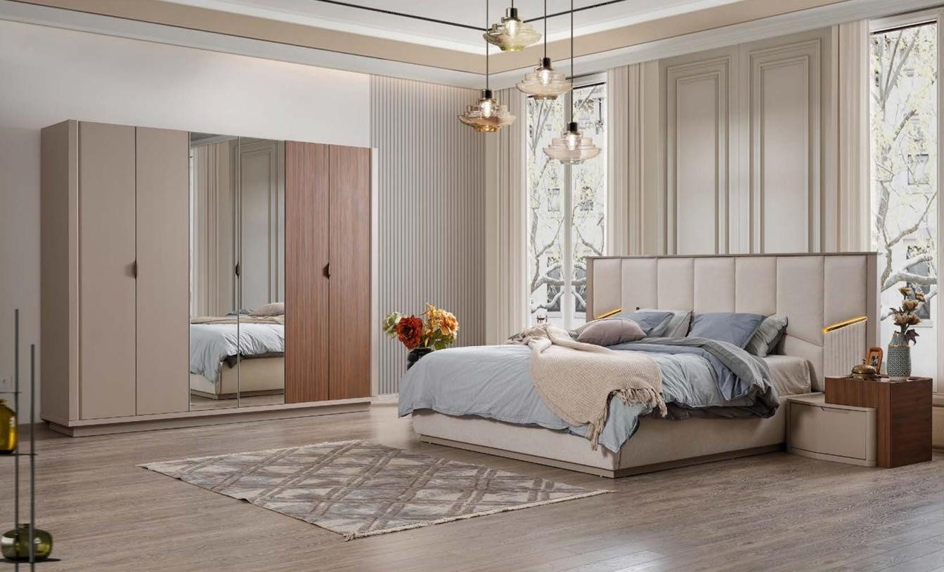 Schlafzimmer-Set Große beige Schlafzimmermöbel Set Doppelbett 2 Nachttische Schrank