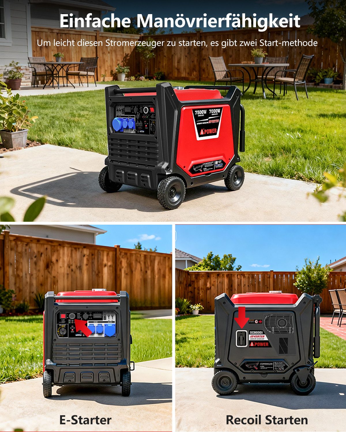 A-iPower SC8000i generator, 7.5 kW (petrol-powered generator, emergency power supply, 4-stroke engine, quiet, ATS available), with 230V 16A / 32A sockets