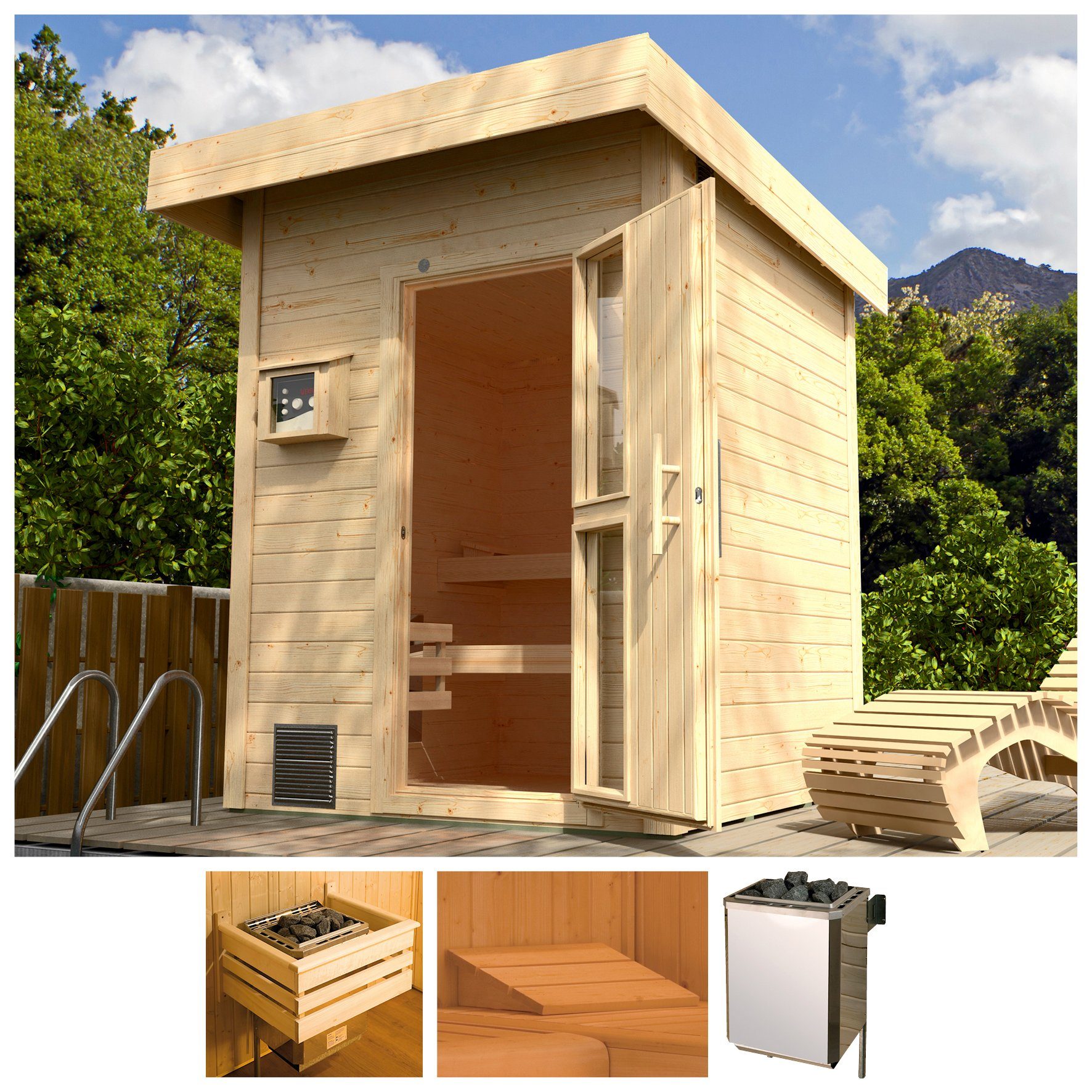 weka Saunahaus Svendborg, BxTxH: 211 x 248 x 253 cm, 38 mm, 9-kW-Bio-Ofen mit ext. Steuerung