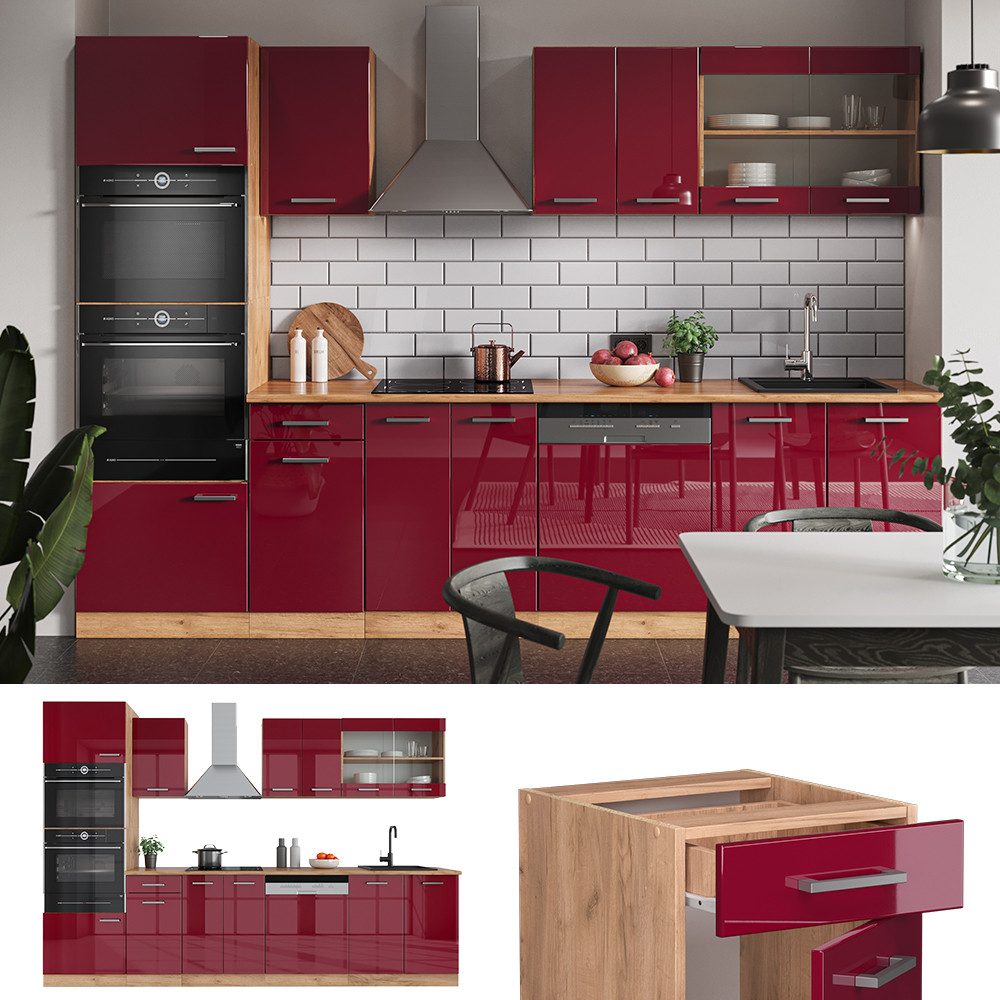 Vicco Küchenzeile R-Line, Rot Hochglanz/Goldkraft Eiche/Goldkraft Eiche, 300 cm mit H...