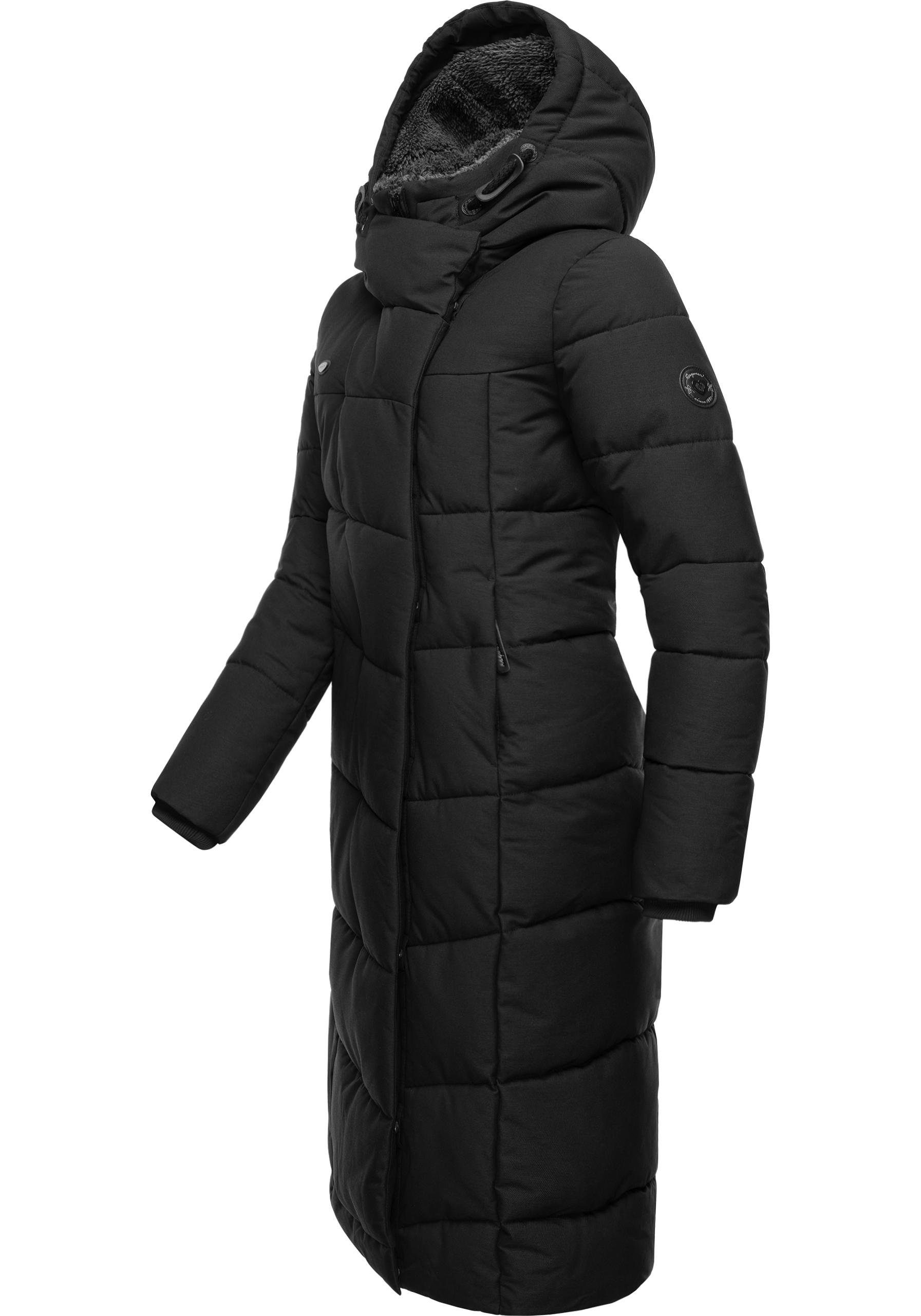 und Wintermantel Kapuze Pavla Winterparka extralanger Long Teddyfutter mit Ragwear schwarz