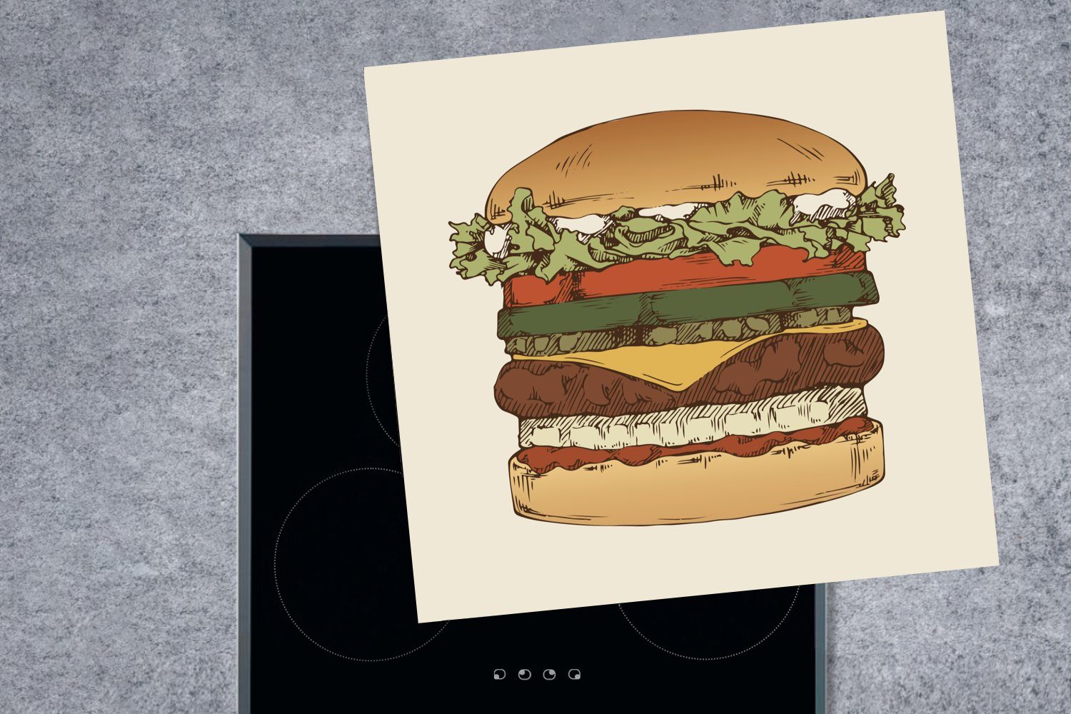 Arbeitsplatte Hamburgers, (1 für 78x78 Eine MuchoWow Illustration cm, küche Vinyl, eines Ceranfeldabdeckung, klassischen Herdblende-/Abdeckplatte tlg),