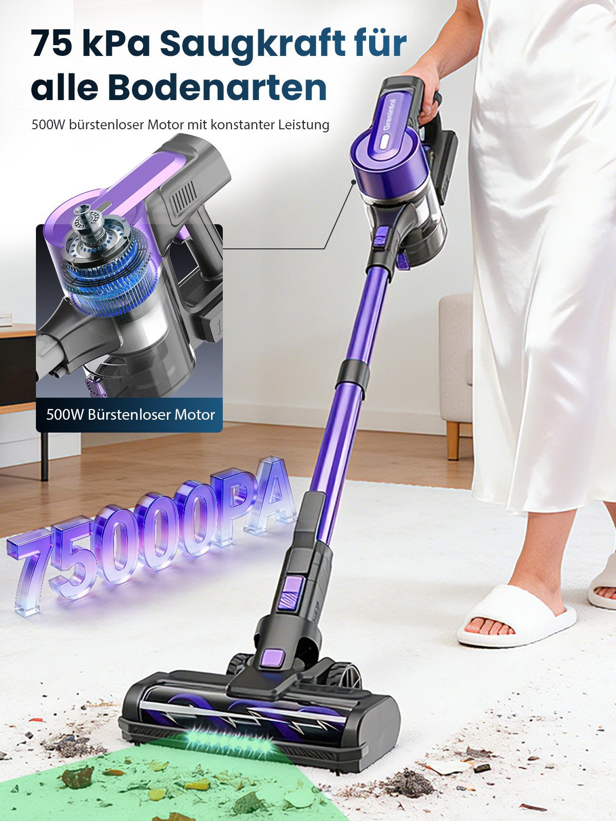 Grenintol Akku-Hand-und Stielstaubsauger Akku Staubsauger 75000Pa/500W/60min Staubsauger Kabellos, 500 W, beutellos, 1.2L Staubbehälter, LED-Bodenbürste, 8-in-1, Mit HEPA