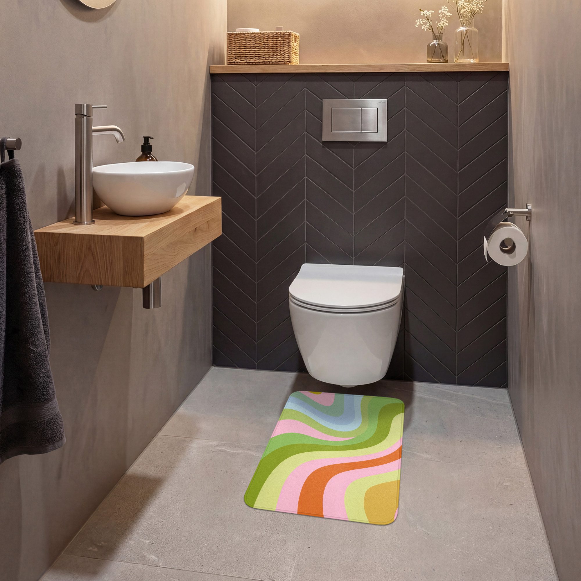 OnlyWow WC-Vorleger Linien - Pastelltöne - Wellenförmig, Höhe 10 mm, Polyester, Rechteckig, WC Teppich, Toilettenvorleger, Toilettenteppich, Badematte 40x60 cm – Bild 4 von 5