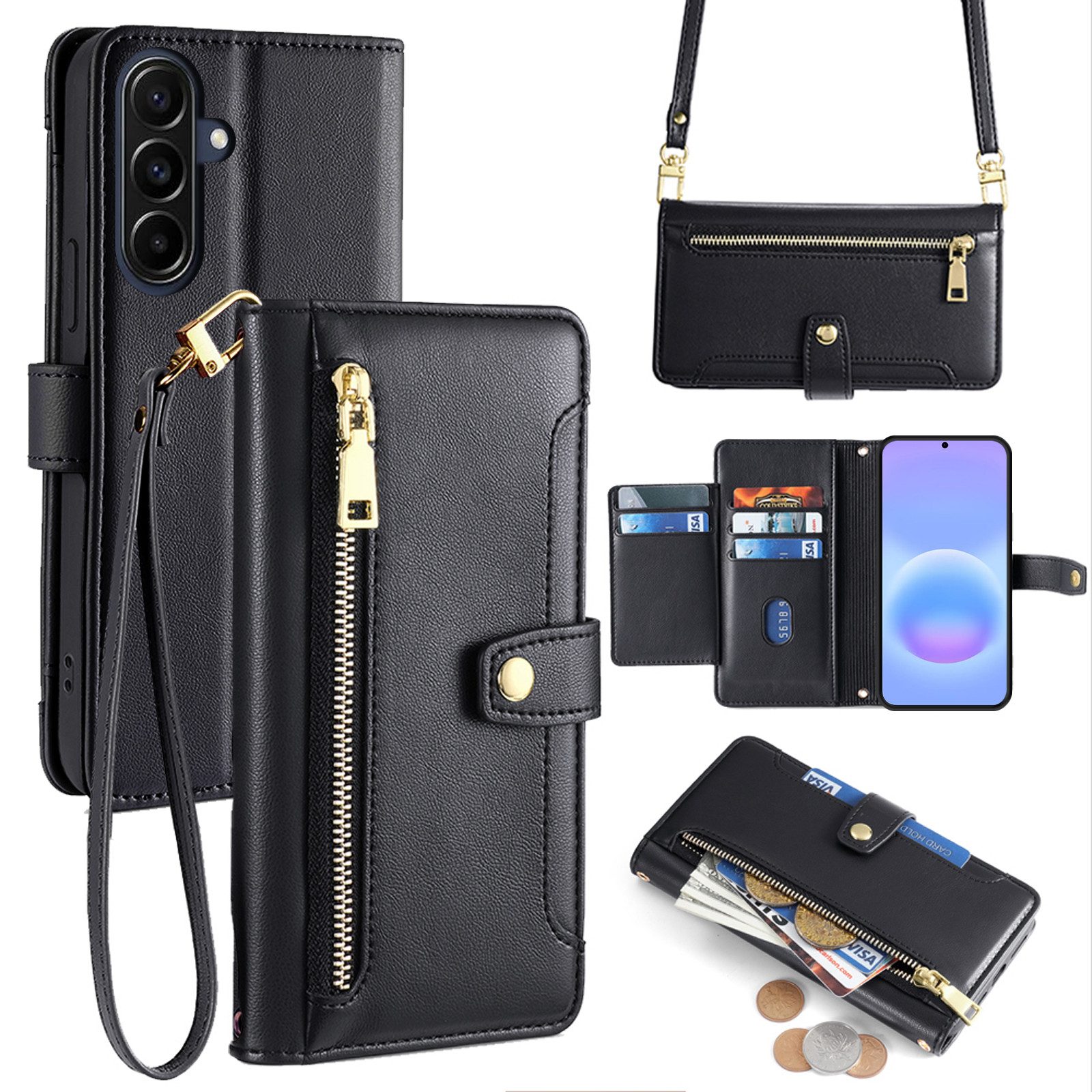 betterfon Handykette für Samsung Galaxy Leder Umhänge Hülle mit Kartenfächer, 5 Kartenfächer + verstellbare Kette & Standfunktion mit TPU-Schutz