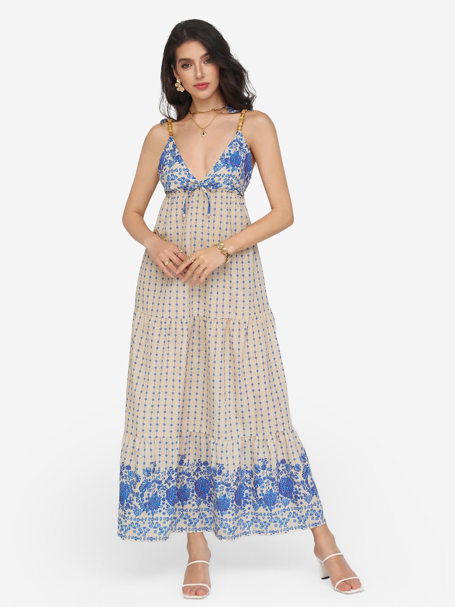Maxikleid Damen Hochtailliertes Stufen-Sommerkleid