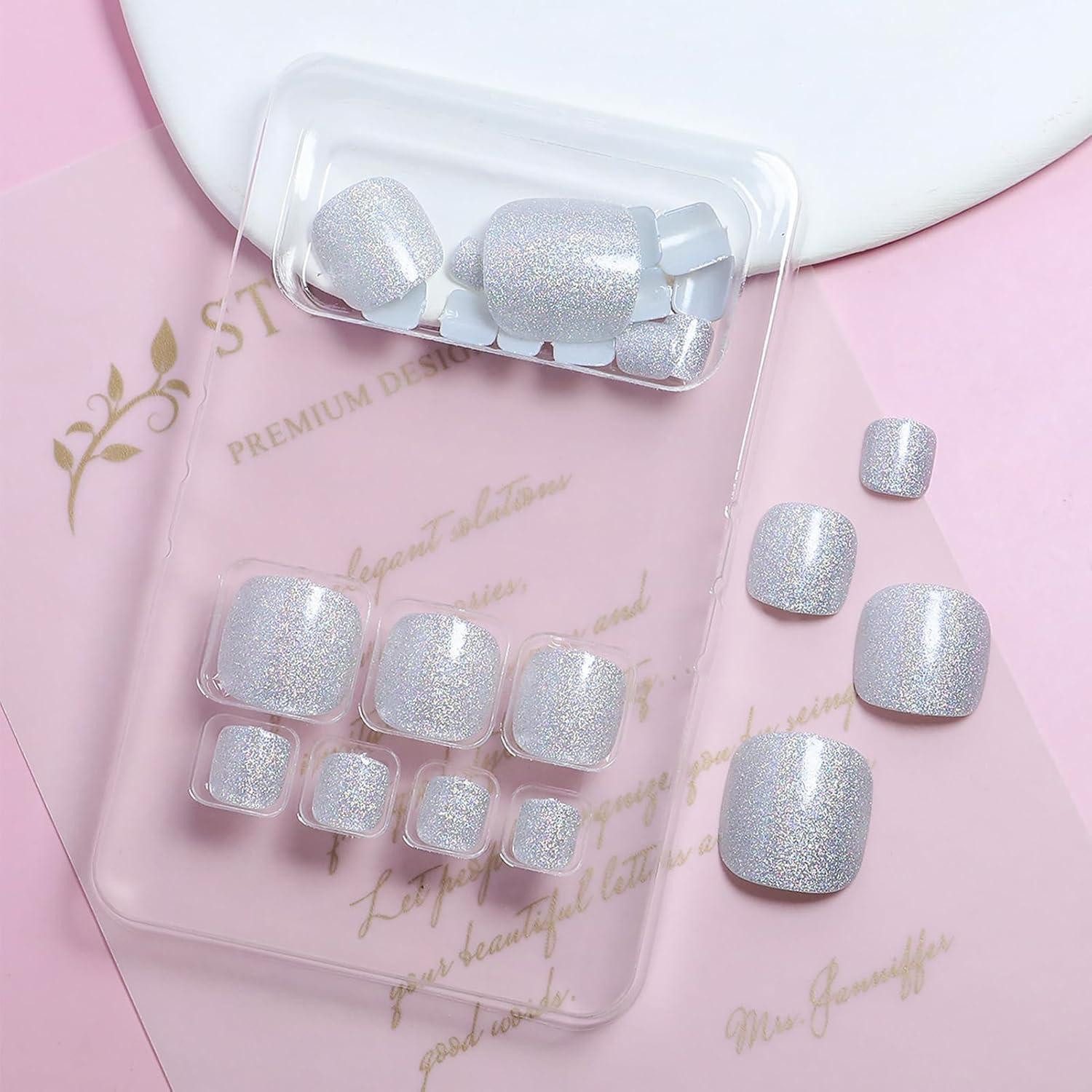 LuxusKollektion Kunstfingernägel Fußnägel Falsche Kurz Quadratisch 24 Stück Gelkleber Glänzendes Weiß