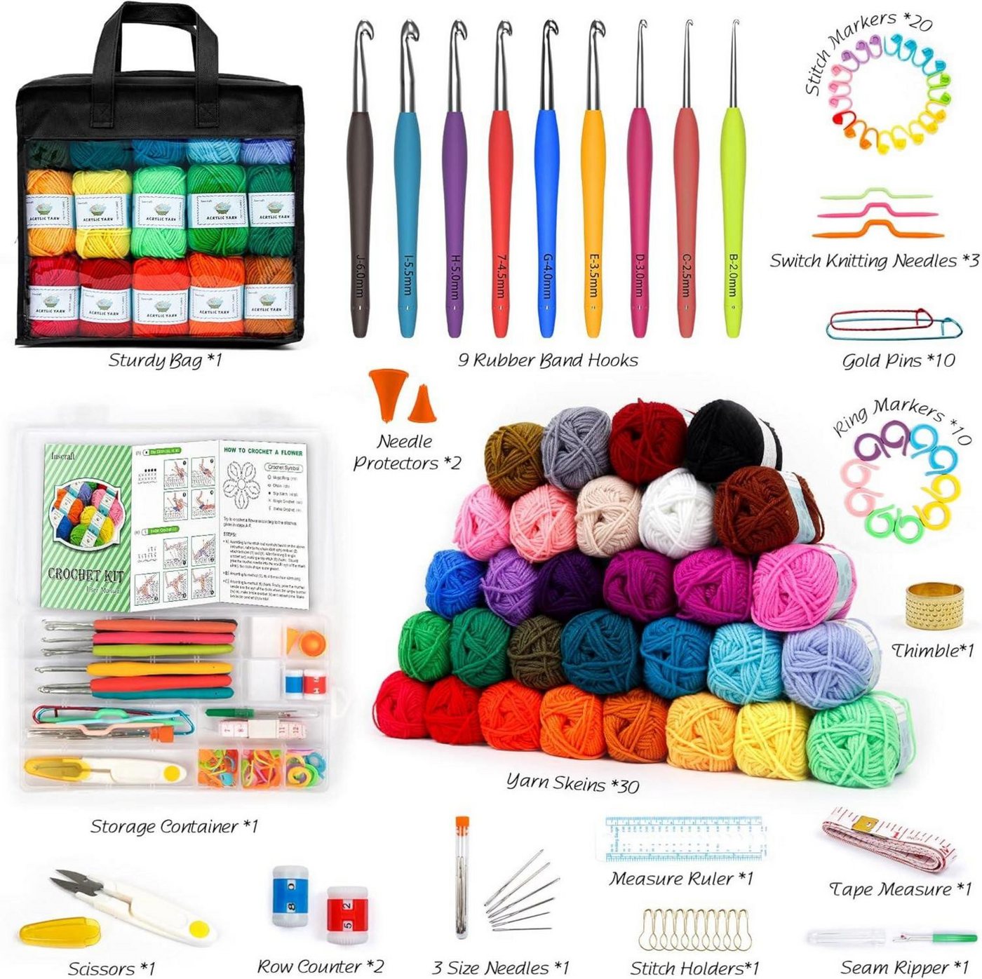 Thumbnail - LuxusKollektion Häkelnadeln Häkelgarn Set 103 Stück 2180yd 30 Farben Zubehör Tasche, Acrylwolle