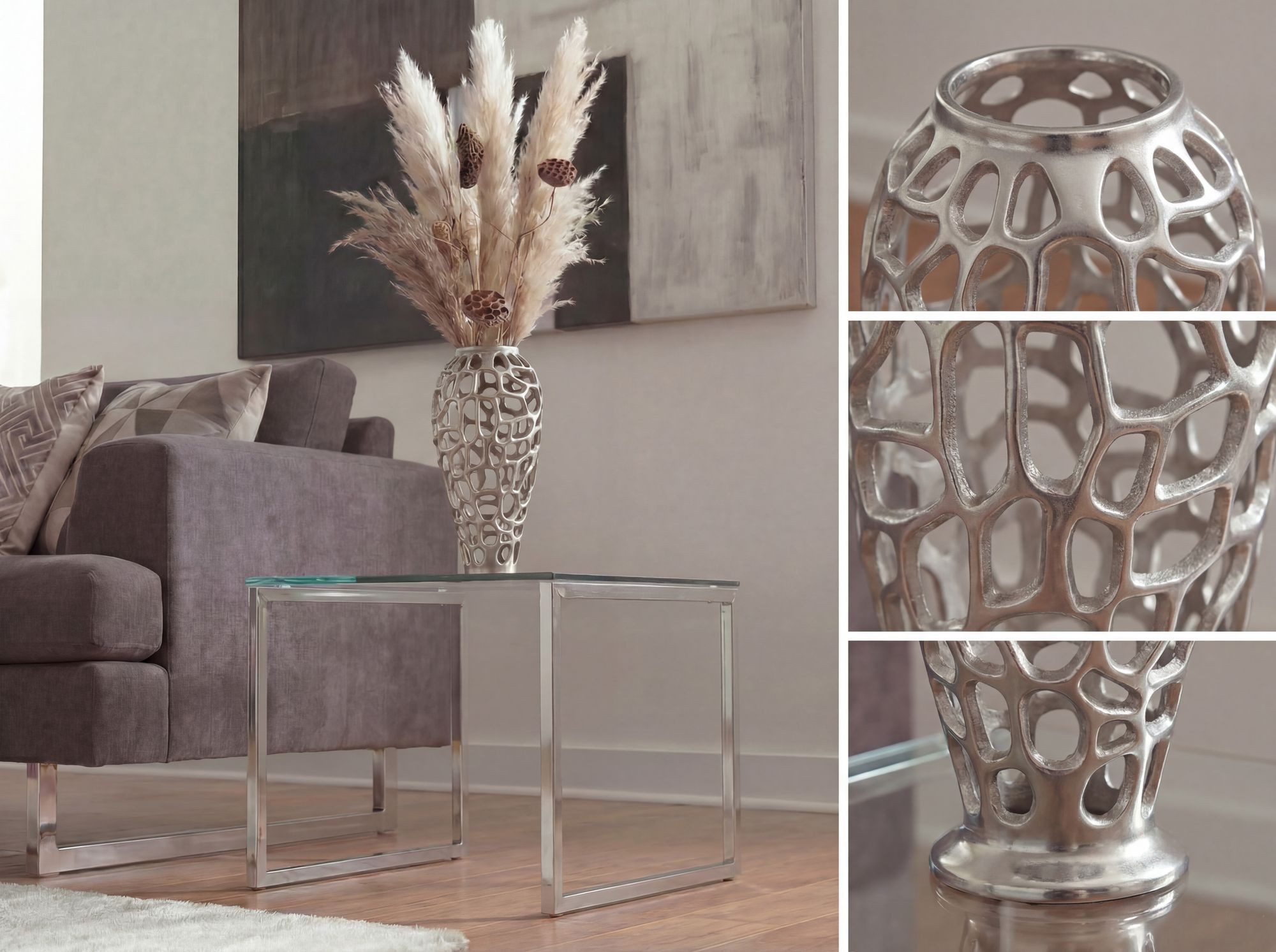 FINEBUY Bodenvase FB77218 Vase 45 cm Silber Standvase Blumenvase Wohndeko Groß (Skulpturale Dekovase für Trockenblumen und Zweige), Große Metallvase aus glänzen – Bild 4 von 5