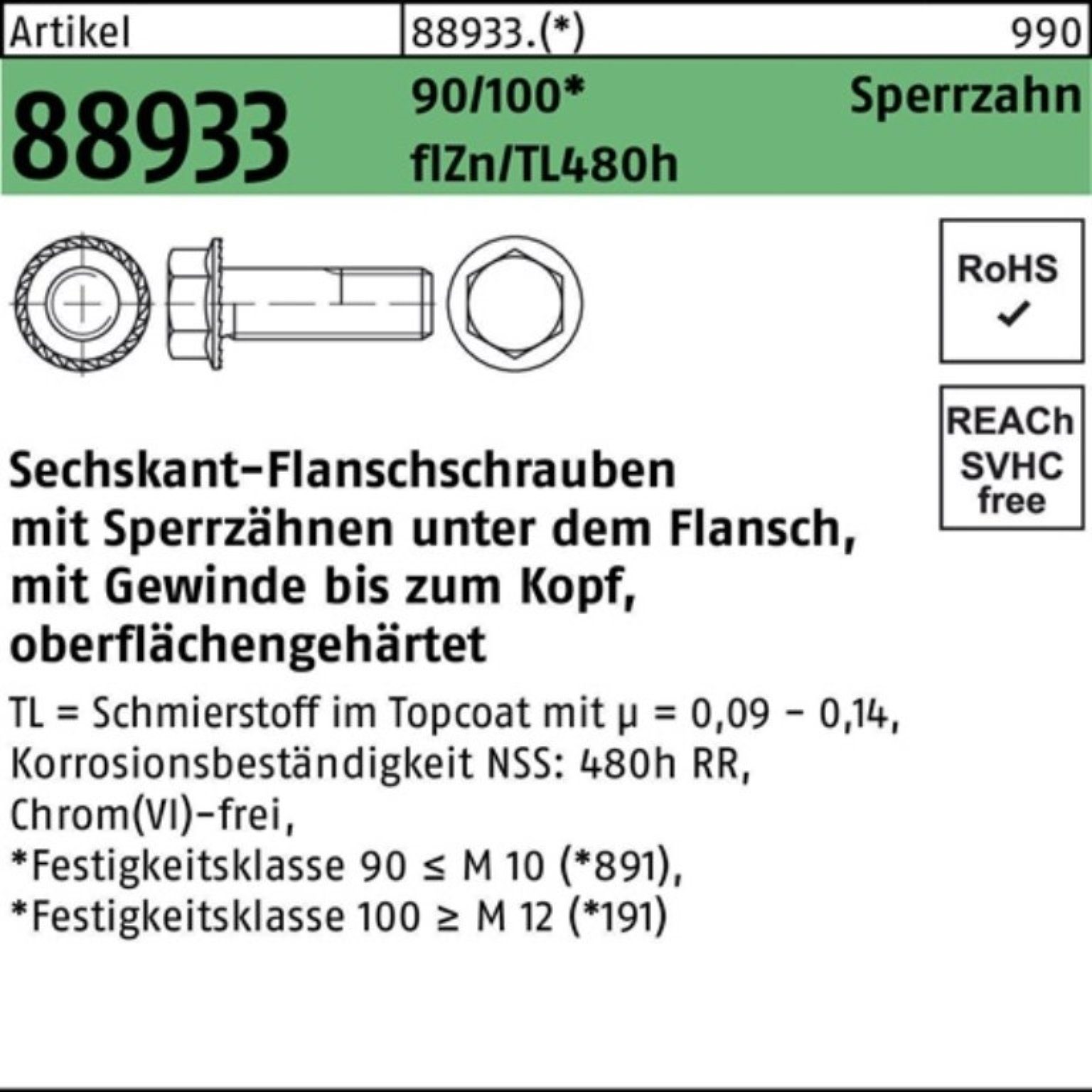 Reyher Schraube 100er Pack Sechskantflanschschraube R 88933 Sperrz. VG M12x20 90/100 f