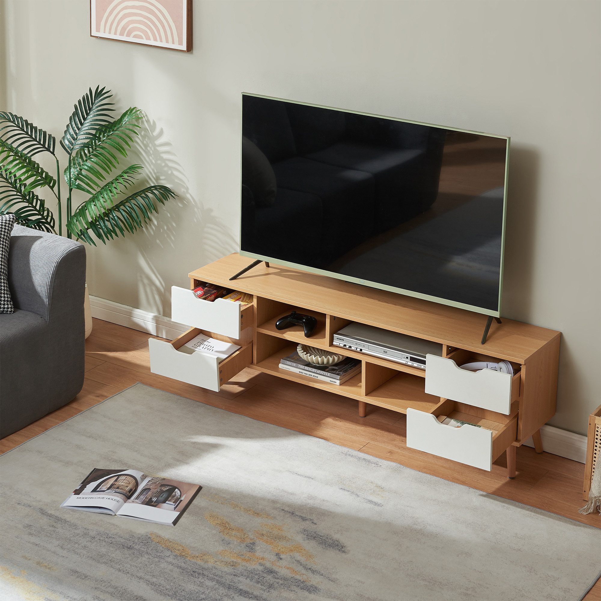 en.casa TV-Schrank »Bordkak« mit 4 Schubladen 140x30x45 cm Eicheoptik/Weiß